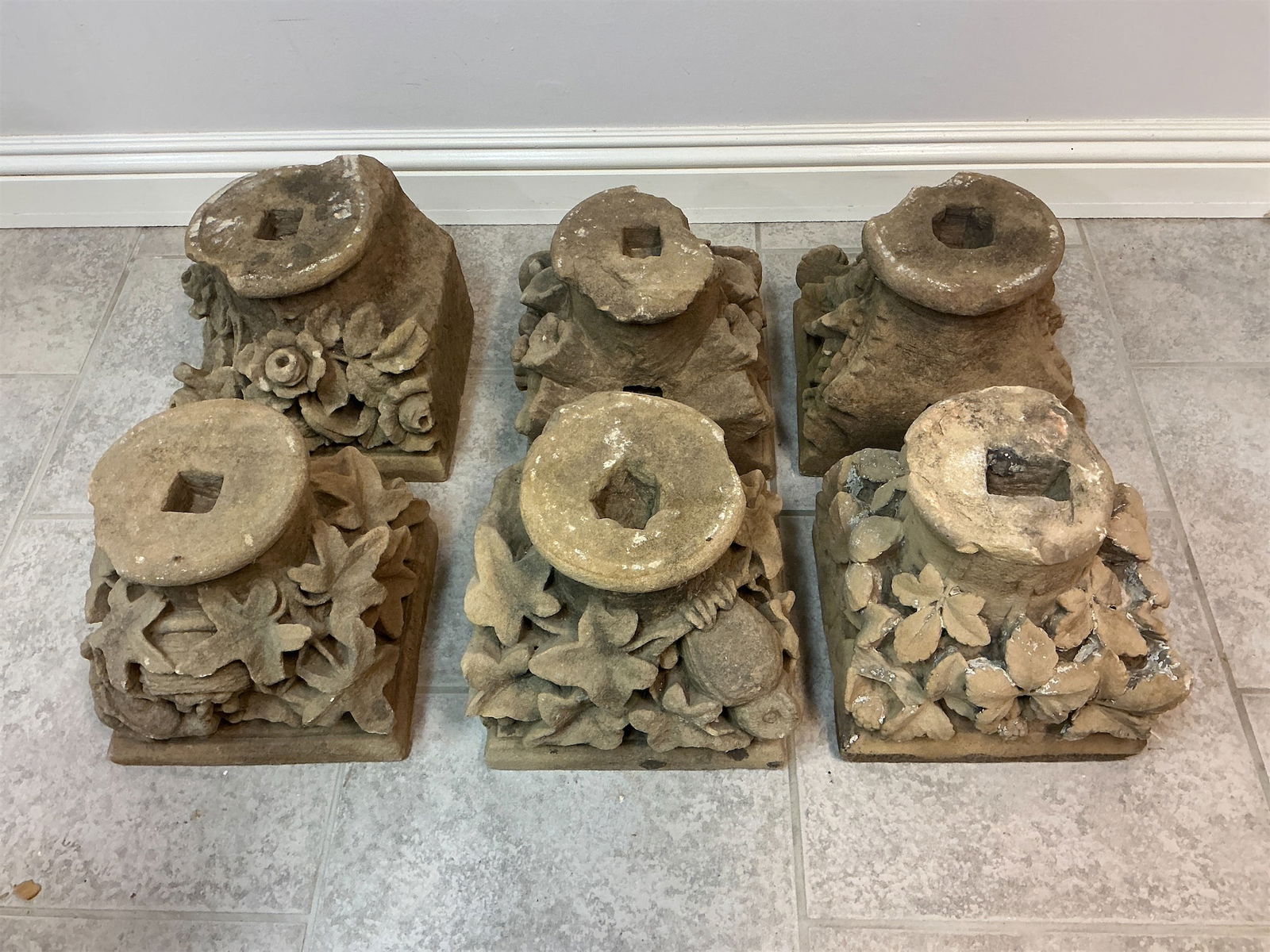 Antique Hand-carved Sandstone Pillar Capitals - Set of 6: Measure 9 H x 9 Square.