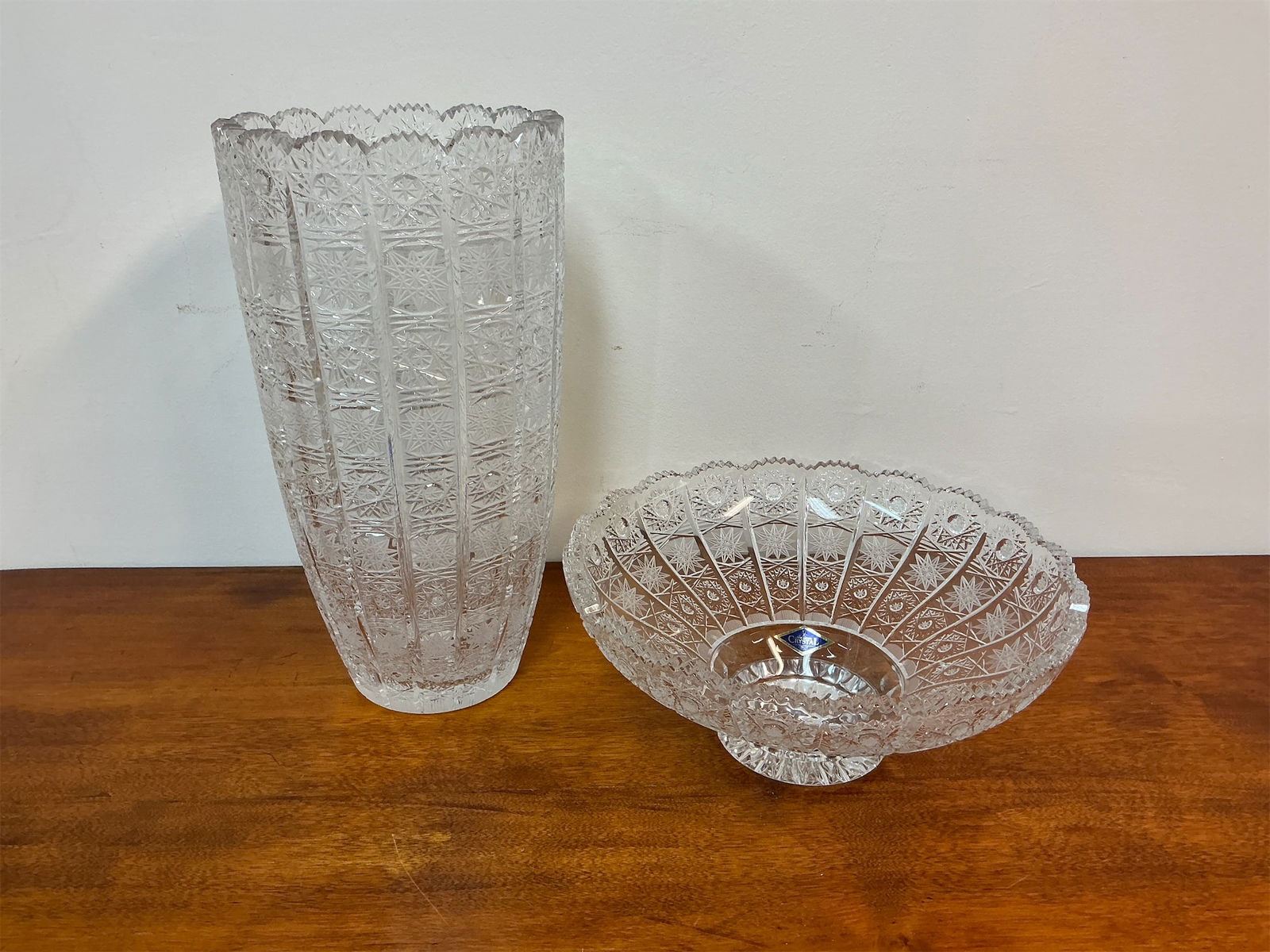 Vintage Bohemian Crystal Hand-Cut Bowl & Vase: Vintage Bohemian crystal set includes a hand-cut Queen s Lace bowl and vase, showcasing stunning craftsmanship and intricate design. The vase features tall, elegant lines with a beautiful lace-like