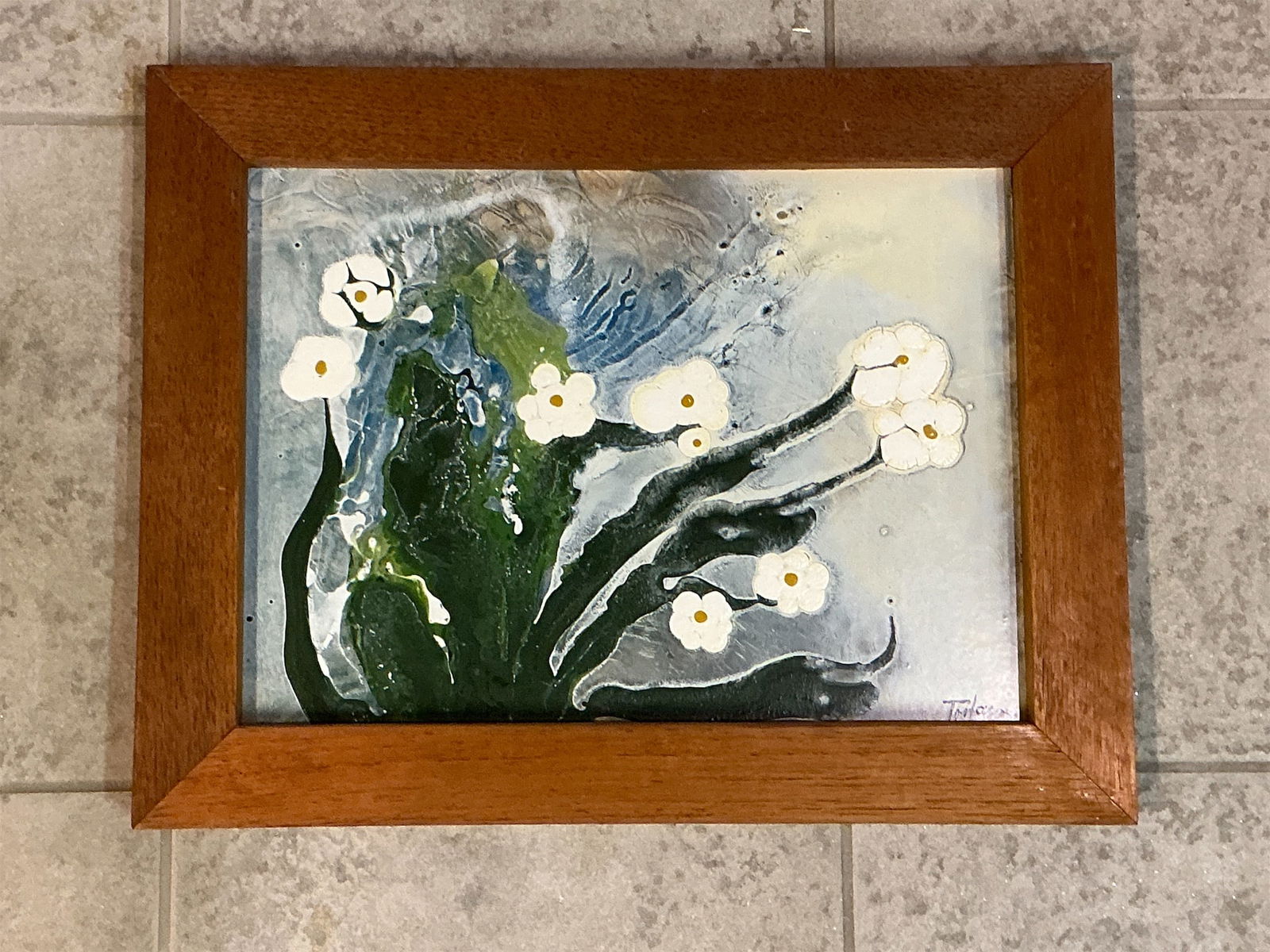 Acrylic on metal Passion Flower by Tritan: This stunning artwork titled "Passion Flower," created by artist Tritan, features a vibrant acrylic on metal composition. The piece showcases delicate white flowers amidst rich green foliage, set