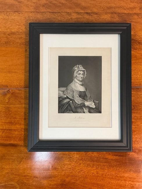 Original engraving of Abigail Adam’s 1850s: Original engraving of Abigail Adams from the 1850s, beautifully framed to enhance its historical significance. The artwork is based on an original painting by Gilbert Stuart and was published by