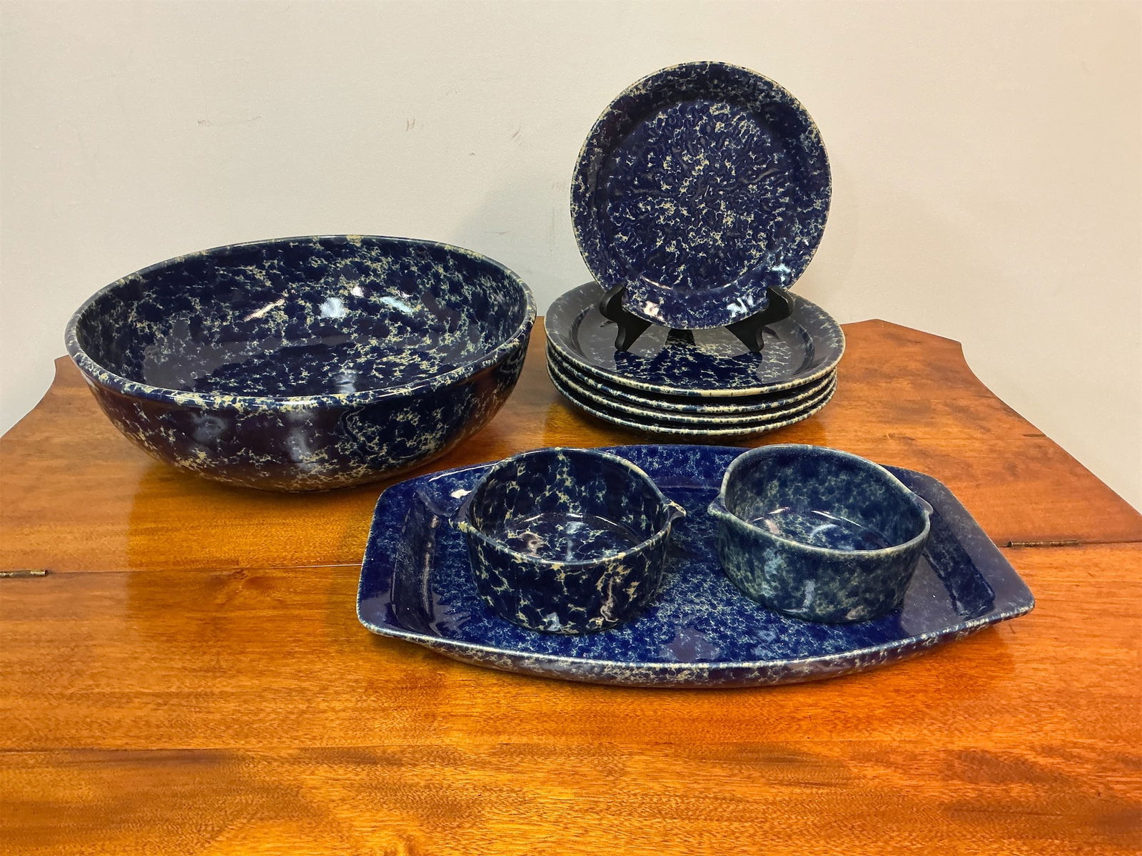 Bennington Pottery Blue Agate Glazed Stoneware Dish Set - 9 Pieces: Bennington Pottery Blue Agate Glazed Stoneware Dish Set features a striking deep blue and agate pattern that adds a touch of elegance to any dining experience. The set includes a large serving bowl, a