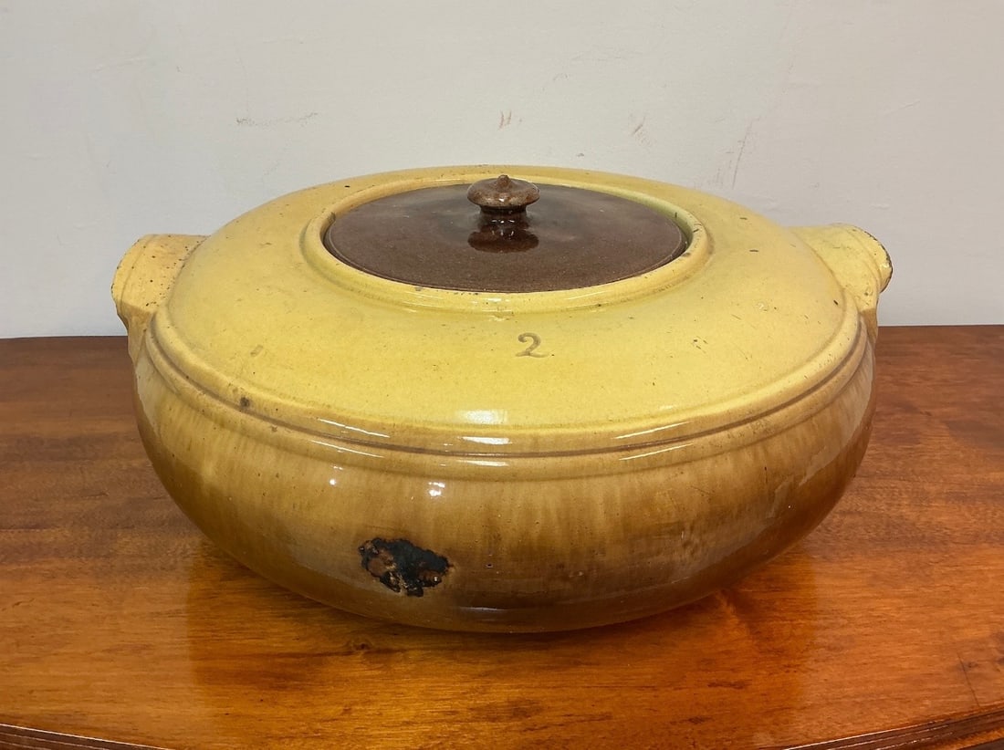 Early 20th Century French Glazed Terracotta Tripiere with Lid: This exquisite early 20th century French glazed terracotta tripiere with a lid is a stunning piece for collectors and enthusiasts alike. Measuring 17 inches in width and 8 inches in height, this