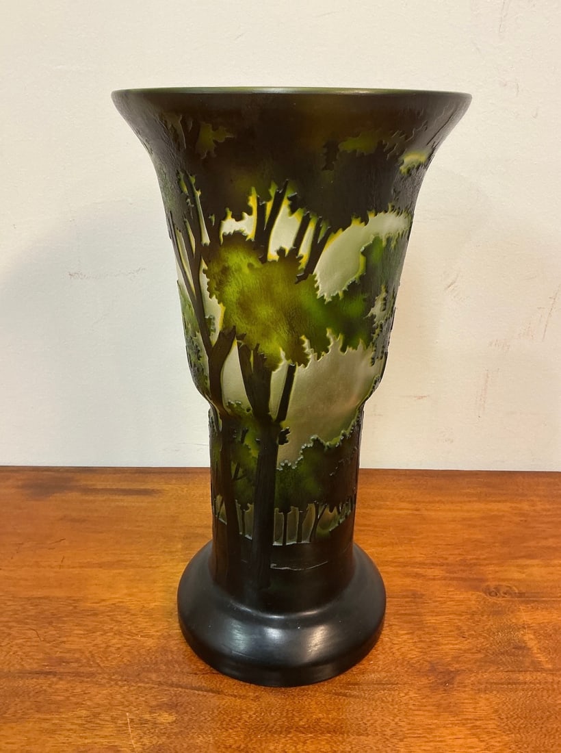 Reproductions Galle Art Nouveau Forest Cameo Vase: This elegant Reproduction Galle Art Nouveau Forest Cameo Vase captures the essence of natural beauty with its stunning forest motif. Standing at 12” high and 6” wide, the vase features a