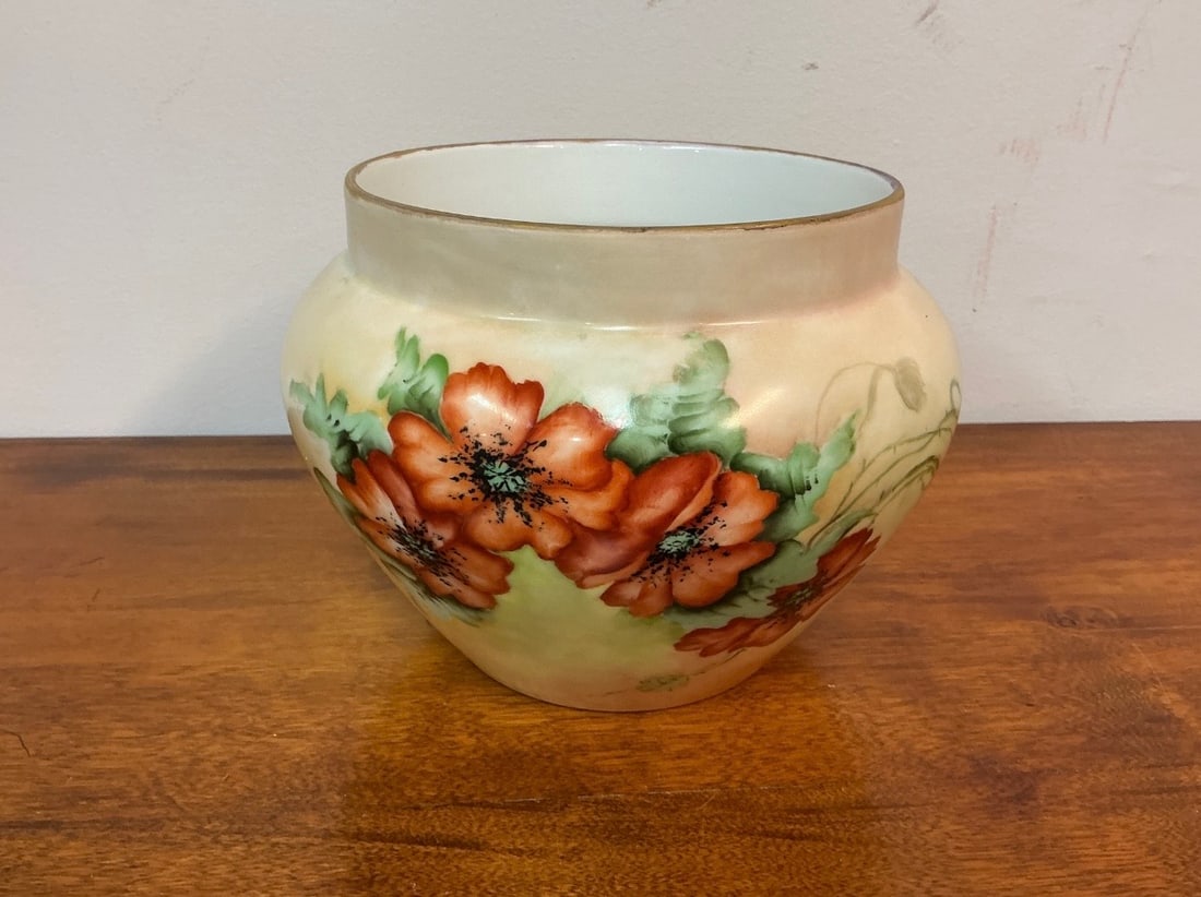 Antique Limoges Porcelain Jardiniere: This exquisite Antique Limoges Porcelain Jardiniere features a charming pillow vase design, measuring 5 1/2 inches in height and 7 1/2 inches in width. Crafted in the late 19th or early 20th century,