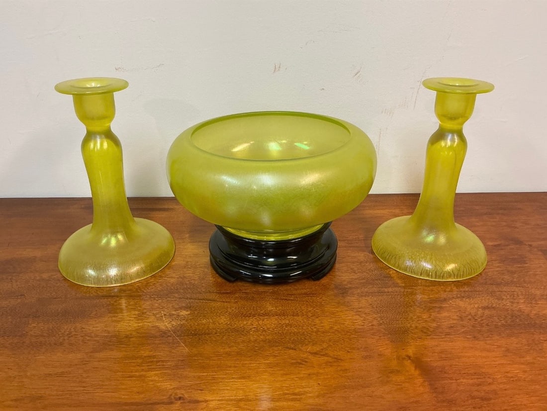 Antique Vaseline Glass Bowl with Base and Candle Holders (1 of 10)