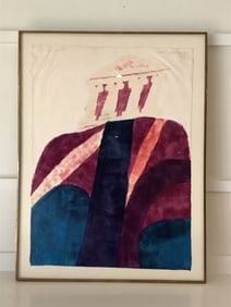 Framed color wood cut print "Segesta" by: Carol Summers 1963: Framed color woodcut print titled "Segesta" by Carol Summers, created in 1963. This artwork features a vibrant interplay of colors, showcasing abstract shapes and forms that evoke a sense of depth