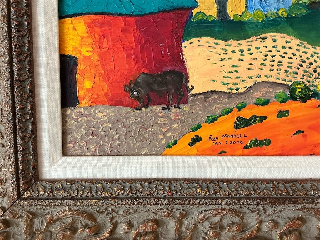 Framed oil on canvas of windmills By: Roy Mandela "2000": This stunning framed oil on canvas artwork features a vibrant depiction of windmills, created by artist Roy Mandela in 2000. The painting captures a picturesque rural landscape, complete with colorful