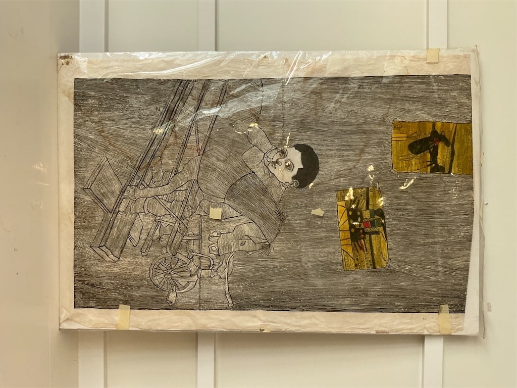 Wood block print on paper: This unique wood block print on paper features a detailed depiction of a figure engaged in an everyday activity, surrounded by textured backgrounds. The artistry showcases intricate lines and