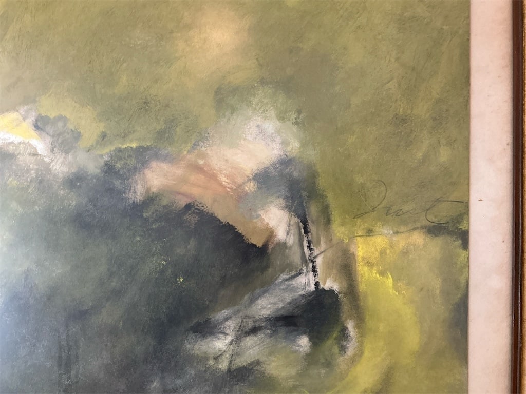 Framed Original oil on board signed & titled 1960: This original oil painting on board from 1960 features vibrant hues and abstract forms, captivating with its expressive depth and fluidity. The artist's signature is elegantly displayed in the lower