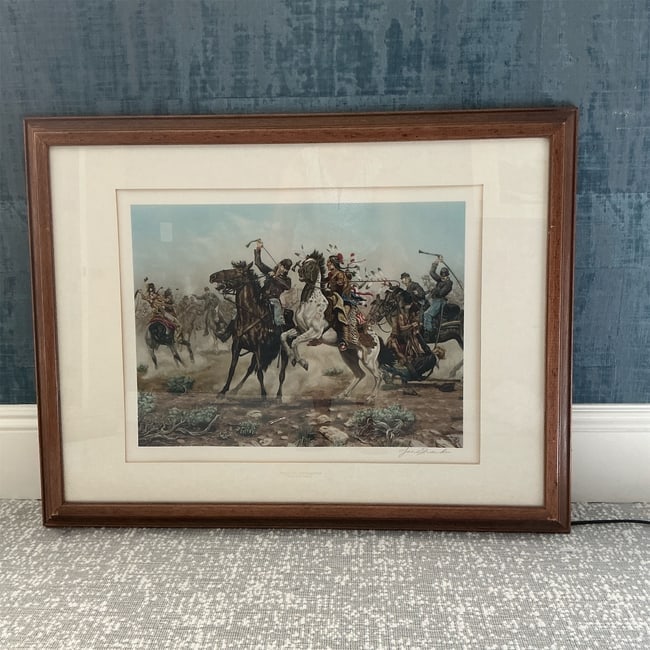 Death to long knives Joe Ruiz Grandee: This framed artwork titled "Death to Long Knives" by Joe Ruiz Grandee showcases a dynamic scene featuring horseback riders and historical figures in a vibrant, action-packed depiction. The print is se