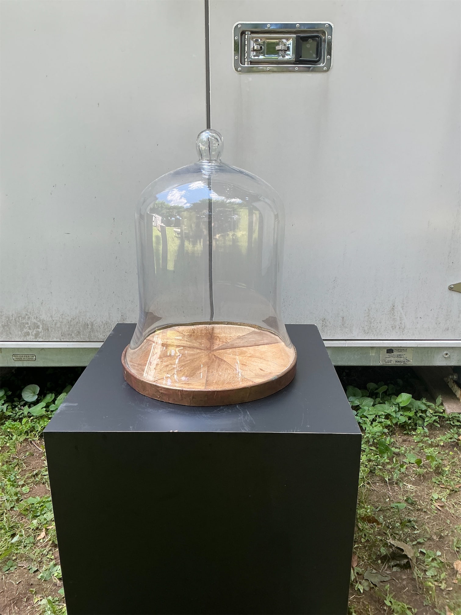 Large Bell Jar: This large bell jar, elegantly designed, features a clear glass dome complemented by a beautifully crafted wooden base. The dome showcases a rounded top, providing an unobstructed view of the items