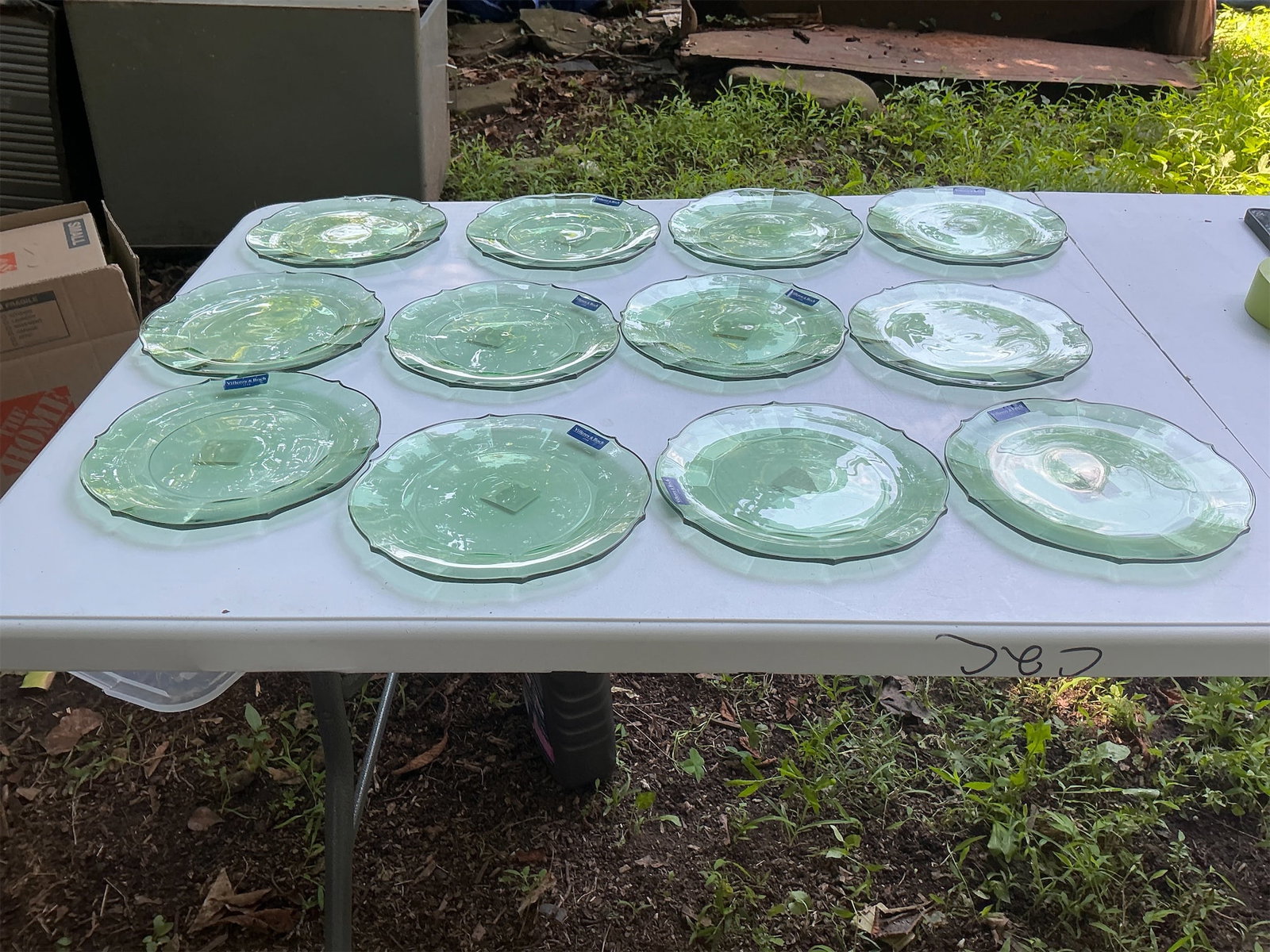 Villeroy and Boch Plates Set of 12: Add a touch of vintage elegance to your table with this stunning set of twelve Villeroy & Boch glass plates in a gorgeous soft sage green! These beauties feature a graceful scalloped edge and an elega