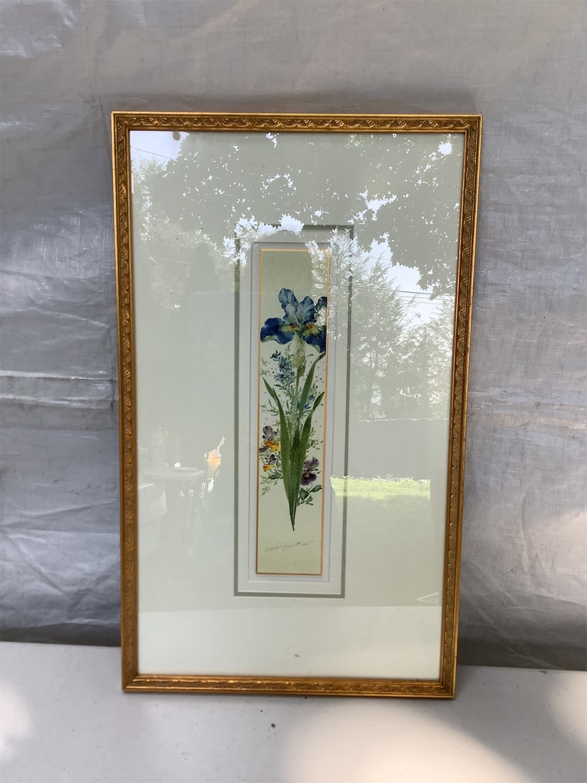 Blue Iris Watercolor Painting: This exquisite watercolor painting features a stunning blue iris, elegantly capturing the delicate beauty of the flower. The artwork is presented in a tasteful gold frame that complements the vibrant