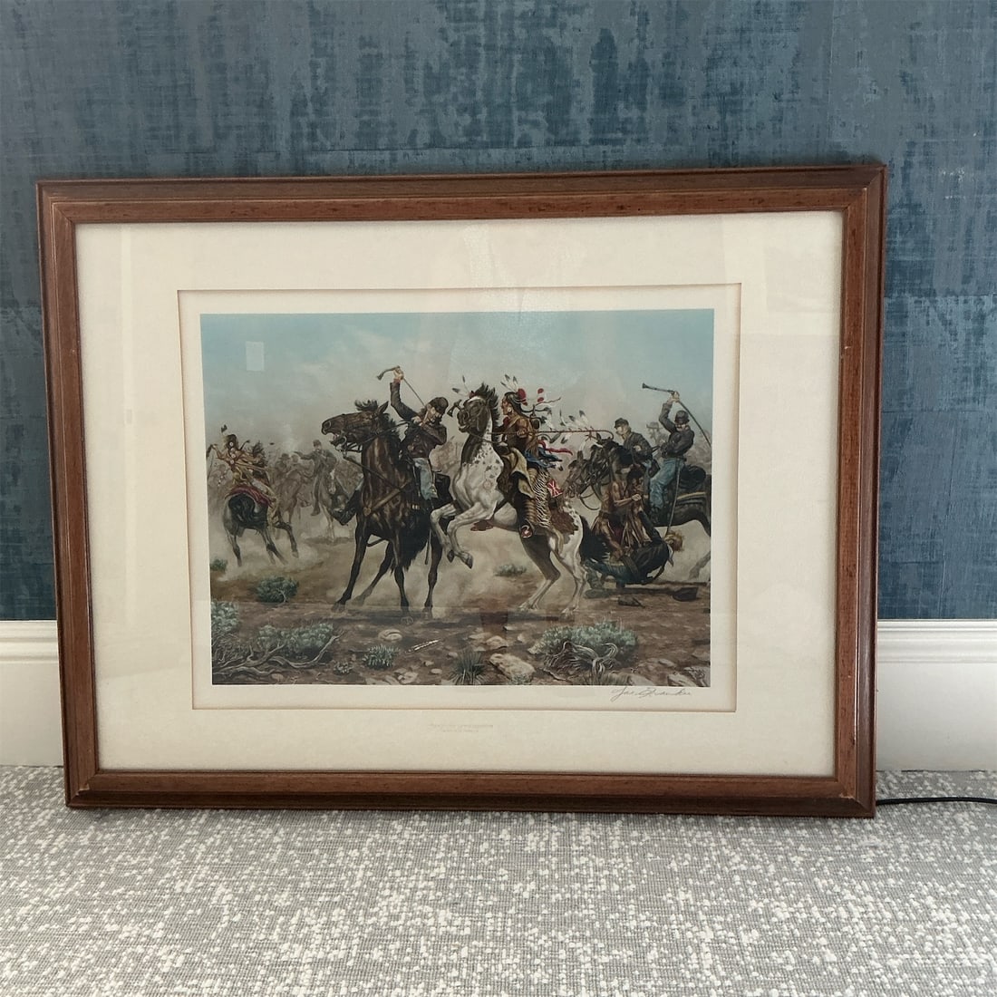 Death to long knives Joe Ruiz Grandee: This framed artwork titled "Death to Long Knives" by Joe Ruiz Grandee showcases a dynamic scene featuring horseback riders and historical figures in a vibrant, action-packed depiction. The print is