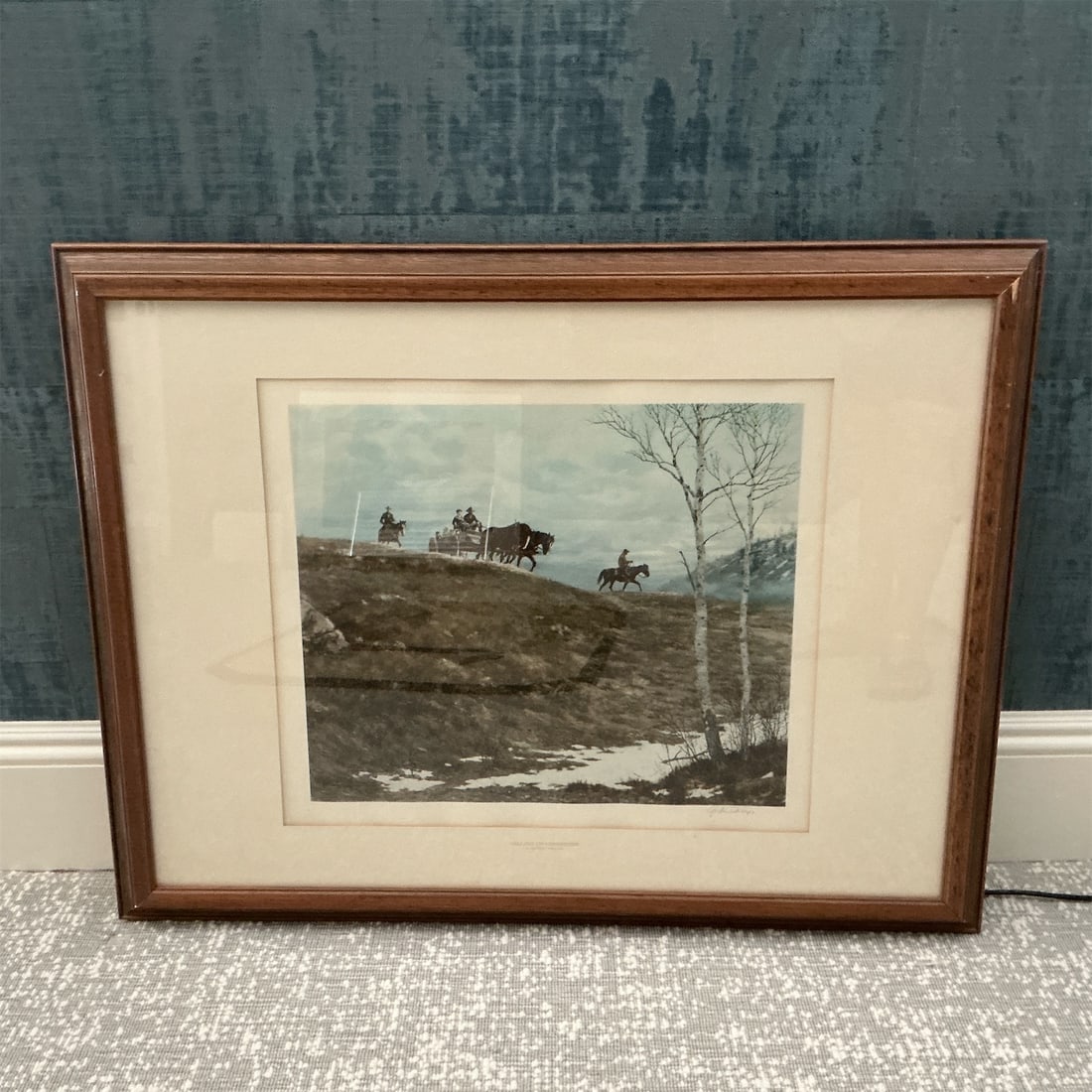 Calling on neighbors Gordon Philllups: This stunning framed artwork titled "Calling on Neighbors" by Gordon Phillips captures a serene winter landscape featuring a horse-drawn wagon and riders, set against a backdrop of snow-dusted hills a