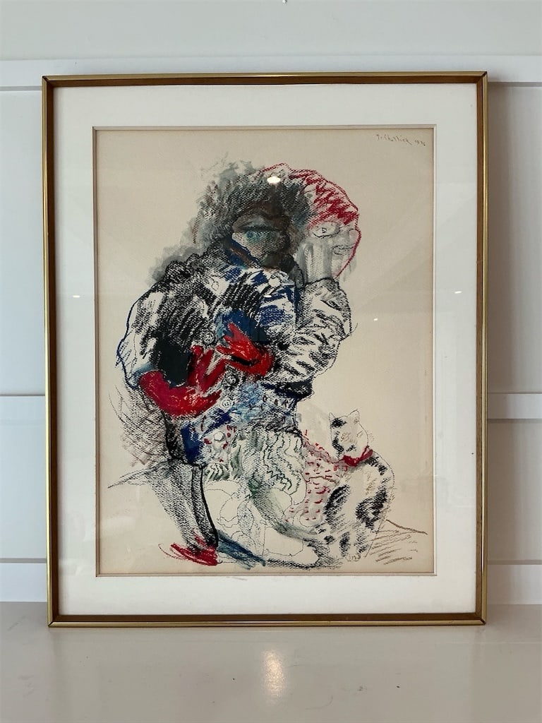 1976 Framed pastel on paper painting of figure w/ Cat By: Chollick: Framed pastel on paper painting from 1976 by Chollick, featuring an expressive figure intertwined with a cat. The artwork showcases a dynamic blend of bold colors and intricate lines, capturing a whim