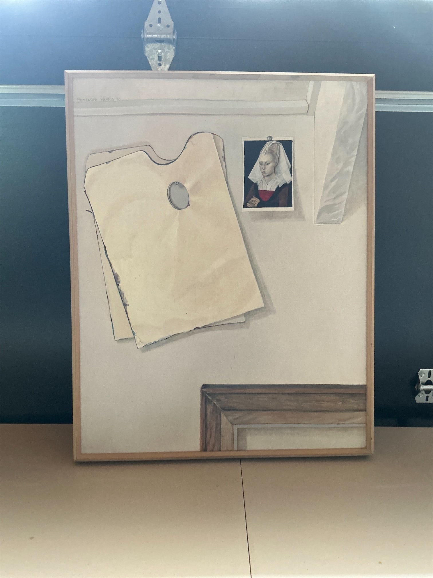 Art - Still Life by Penelope Harris: This captivating still life artwork, crafted by Penelope Harris in 1980, presents an intriguing homage to the 15th-century masterpiece "Portrait of a Woman" by Rogier van der Weyden. The composition