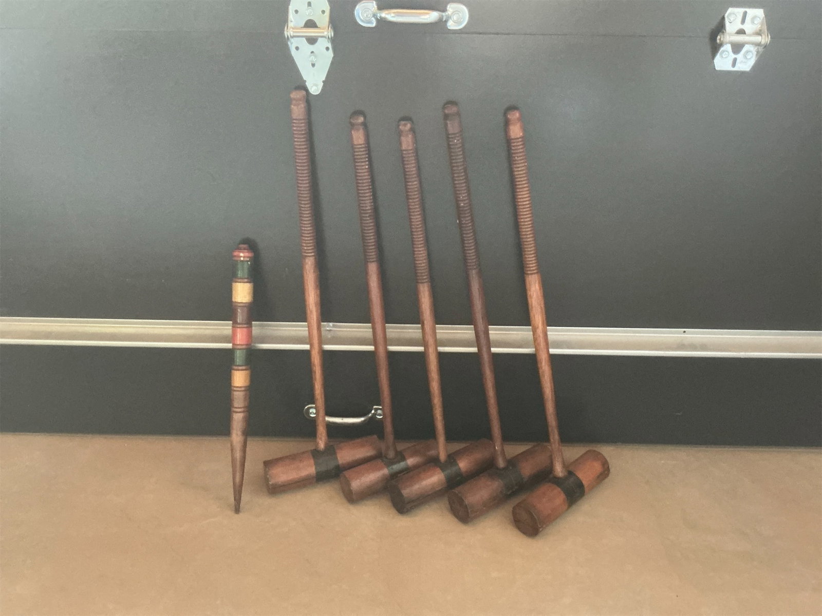 Antique Style Coquette Mallets and Stake: This listing features a set of Coquette mallets alongside a coordinating stake. The collection includes six expertly crafted mallets, each with a smooth wooden finish and designed for durability and