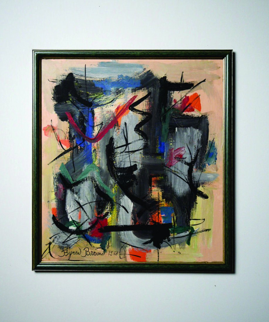 Byron Browne: Artist: Byron Browne Materials: Oil / Canvas Dimensions: 23.7in x 21.2in Year: 1958 Embrace the dynamic energy of this captivating oil on canvas artwork by the renowned ar