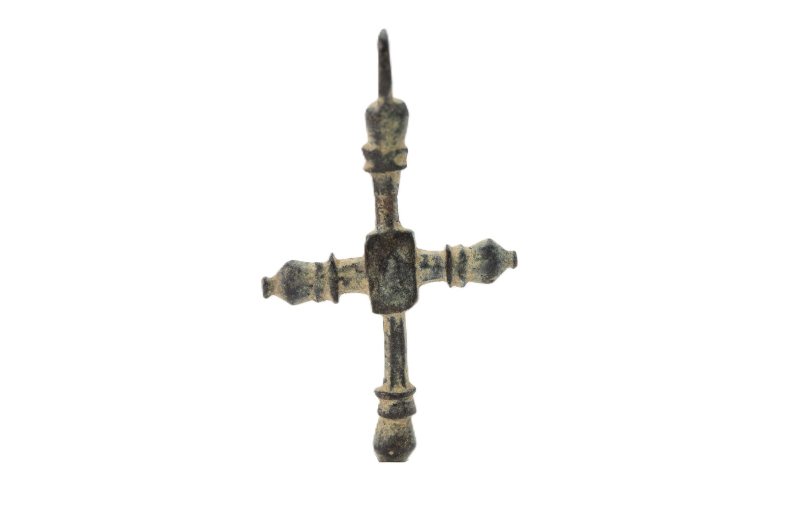 Medieval Bronze Cross 8th-10th Century AD: A bronze Medieval cross with suspension loop and expanding arms; 6.14 grams, 49.85 mm/27.90 mm. Property of a London gentleman; acquired in the 2000s on the European art market.Fine condition.