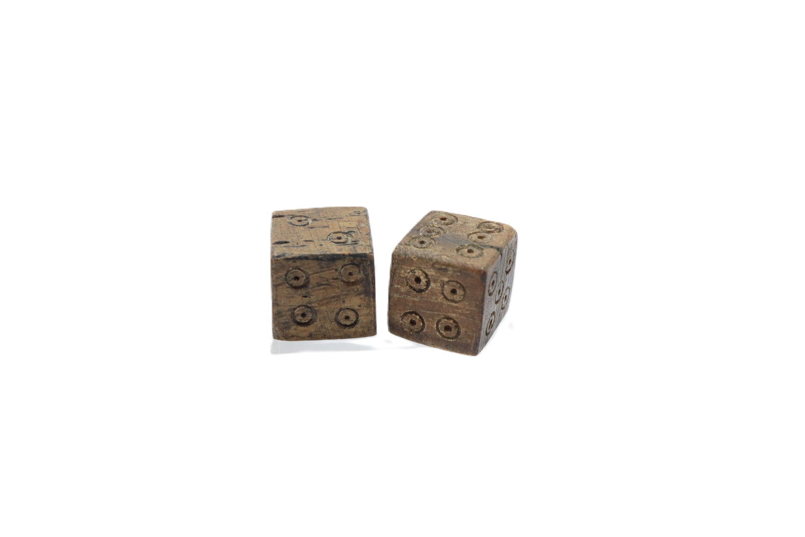 Pair of Roman Bone Dice 1st -3rd C. AD.: Bone cubes with incised dotted rings on each facet numbering 1 to 6; around 12 mm, 6.24 grams total.From private collection of UK gentleman ,since 1990s.Fine condition.