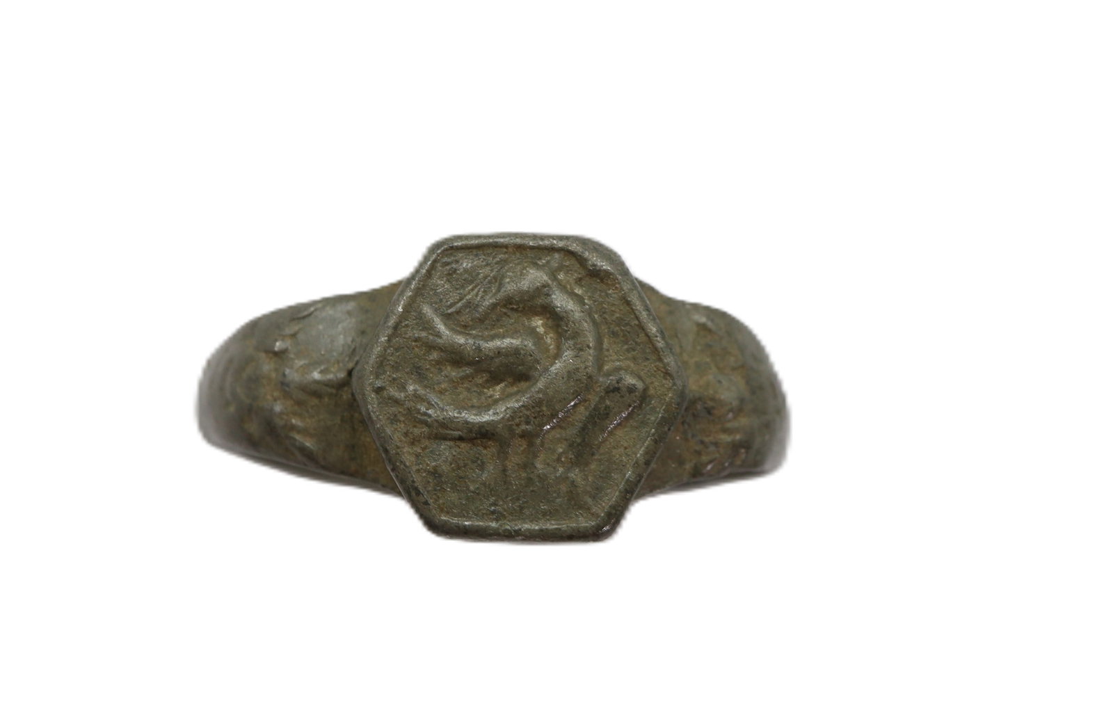 Medieval Ring with Phoenix Bird, Circa 13en-15en Century AD: A lead ring with decorated bands and hexagonal bezel engraved with a Phoenix bird with open wings ; 20 mm internal diameter,21.70 outer diameter, 3.10 grams.Acquired from a EU collector in London, ori