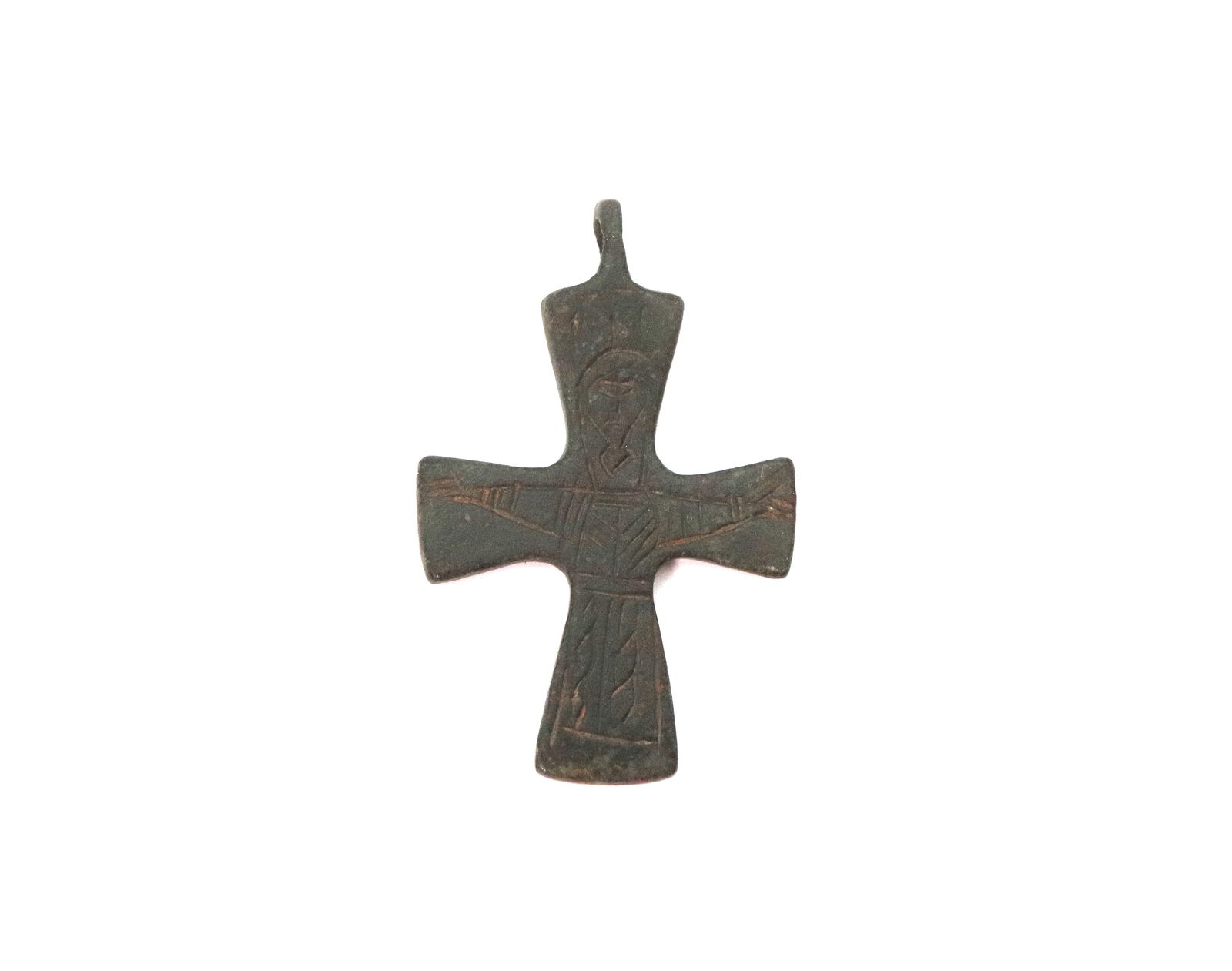 Medieval-Holly Land Cross Pendant, Circa 10th-12th Century AD: A bronze cross pendant with dark brown patina and loop intact . Engraved image of Jesus on the obverse.; 6.26 grams, 38.62 mm / 25 mm. Property of a EU gentleman; acquired on the on the Austrian art m