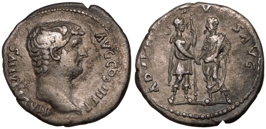 Hadrian, AD 133-135. AR Denarius: Hadrian, AD 133-135Silver Denarius, Rome. 3.18 g,19mm, 6h. Obv: HADRIANVS AVG COS III P P, bare head right. Rev: ADVENTVS AVG, Roma standing right, holding spear and clasping hands with Hadrian, stand