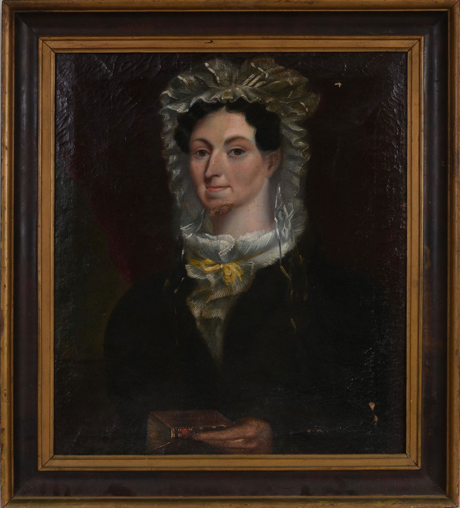 Portrait of a Lady, Possibly Gilbert Stuart.: Oil on canvas, 30 x 26 inches. Damage at chin, water damage to verso. Condition reports are not available for the items in this catalog. These are antique and vintage items, and will show signs of use