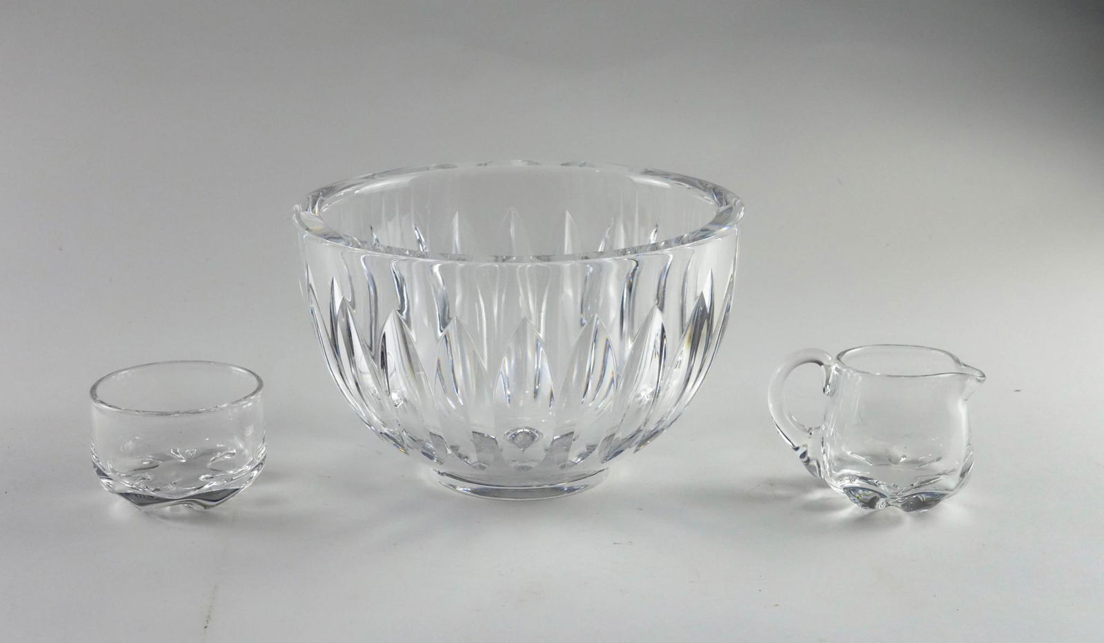 Orrefors Crystal Bowl, Sugar and Creamer.: Diameter of bowl 7.5 inches. Condition reports are not available for the items in this catalog. These are antique and vintage items, and will show signs of use and wear. We have attempted to show any