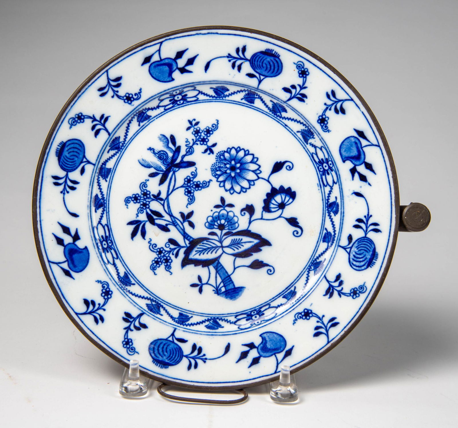 Blue and White Porcelain and Pewter Warming Plate. (1 of 3)