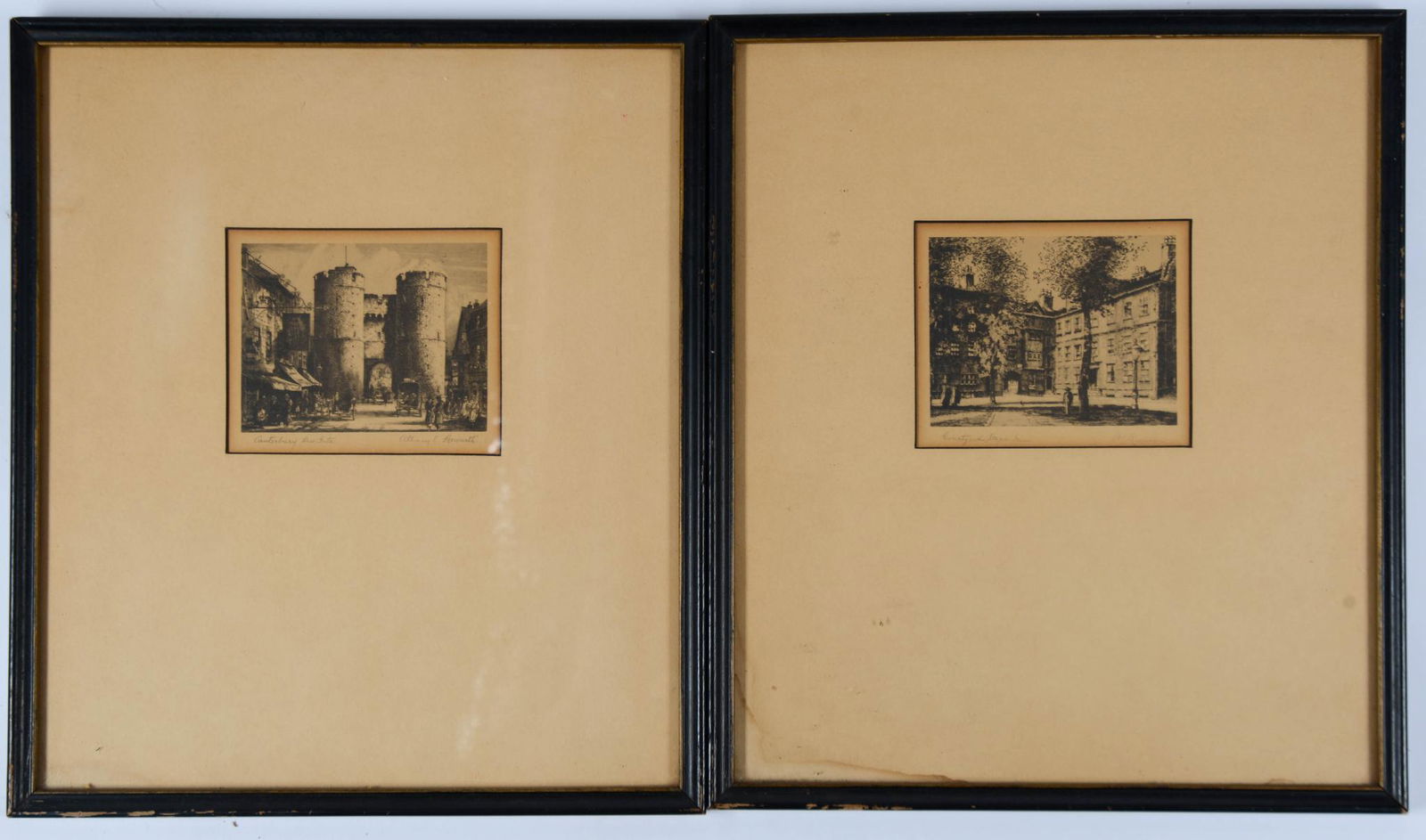 Pair framed lithographs Tower and Courtyard scenes (1 of 3)