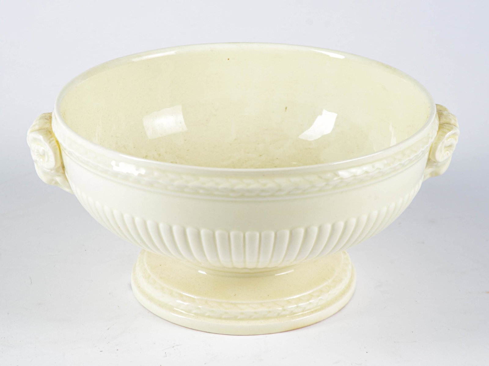 Wedgwood Etruria Creamware Bowl.: Rams head handles, height 5 inches, diameter 9 inches.