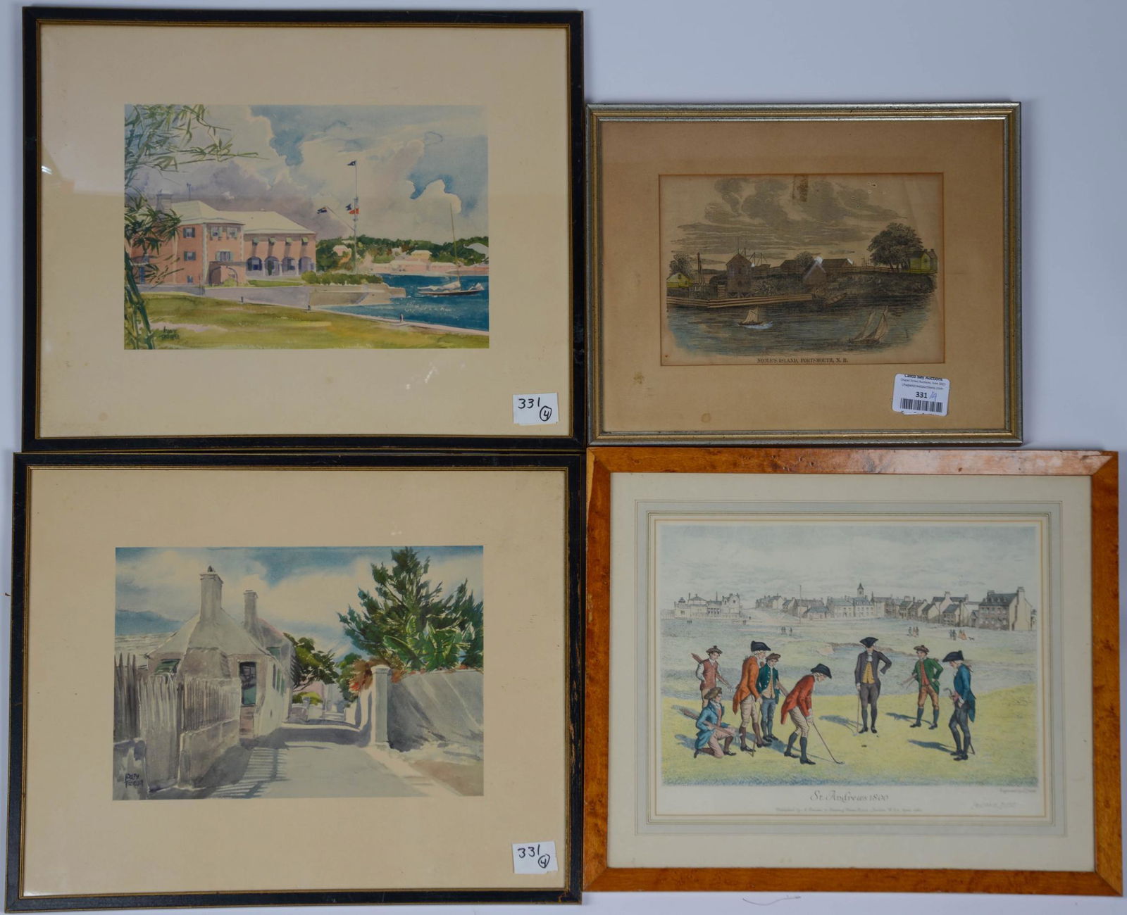 Four Prints.: St Andrews 1800 by Lawrence Josset, frame 14 x 17 inches, two after Adolph Freidler, and a small print of Noble's Island, Portsmouth, NH.