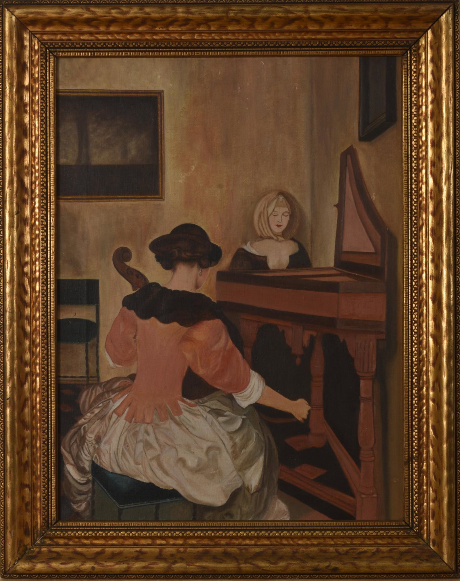 20th Century Classical Style Painting of Two Musicians.: Oil on canvas, 24 x 18 inches. In a gilt frame. Condition reports are not available for the items in this catalog. These are antique and vintage items, and will show signs of use and wear. We have att