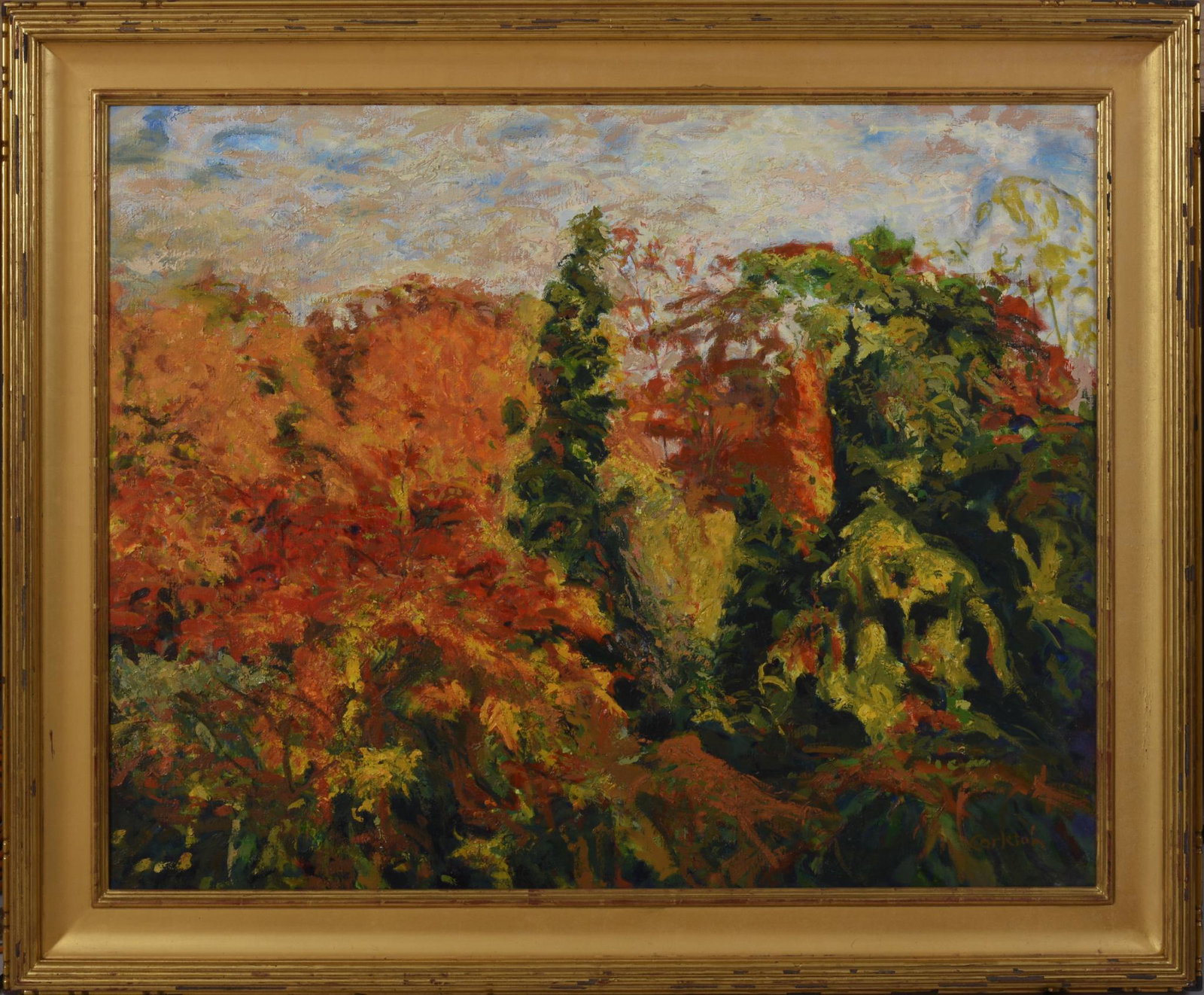Large Impressionist Painting of Autumn Leaves.: Signed Carleton LR. Oil on canvas, 32 x 40 inches. In a gilt frame, 40 x 48 inches.