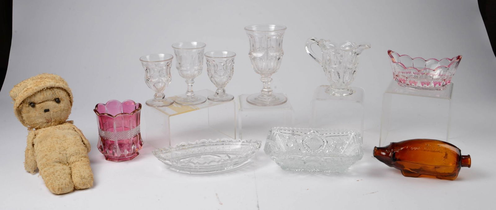 Group of Glass Objects.: Together with a vintage doll