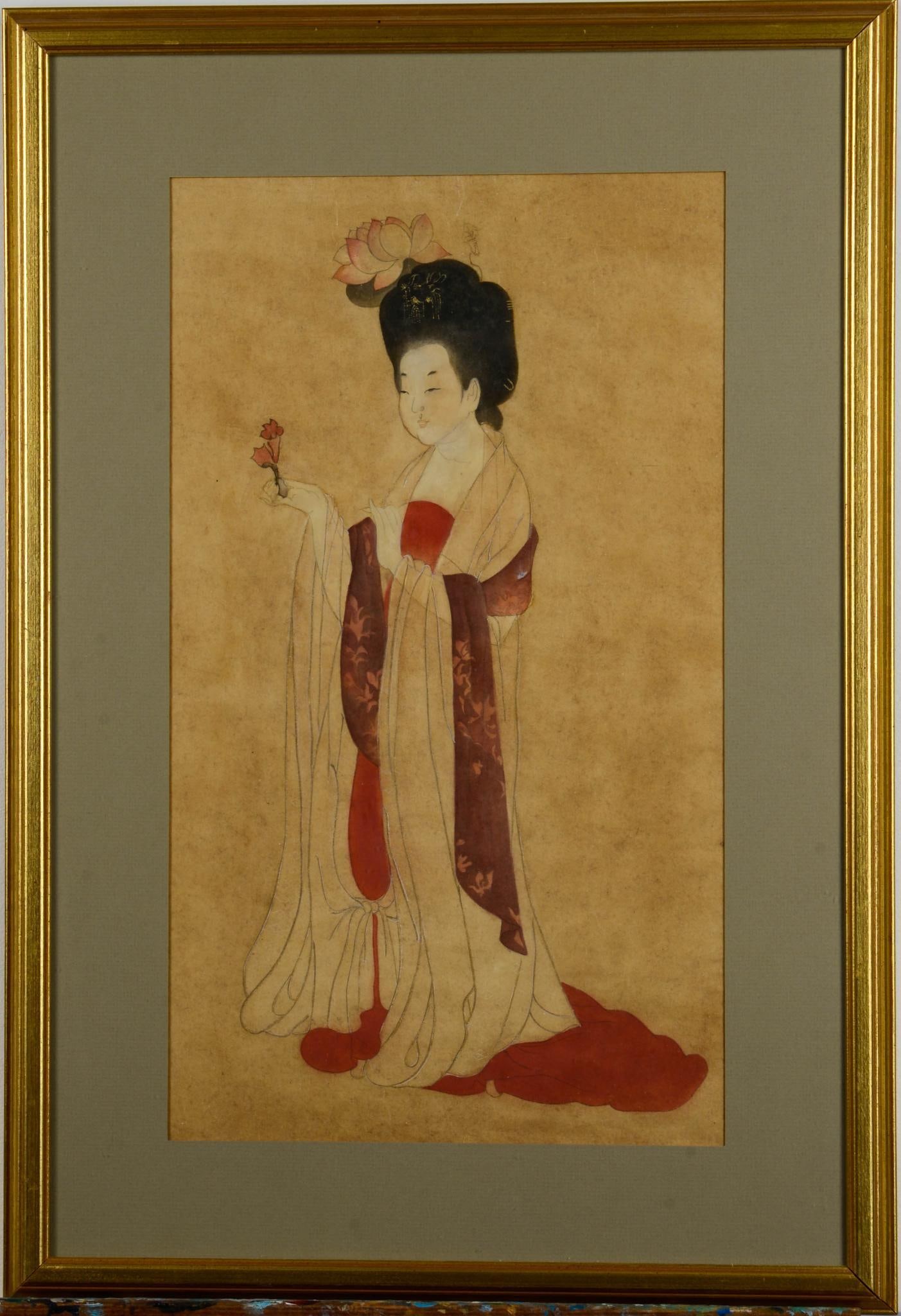 Chinese Watercolor, Style of Zhou Fang.: A design from a larger scroll painting, 18.75 x 10.75 inches, sight. Framed, 25.5 x 17 inches.
