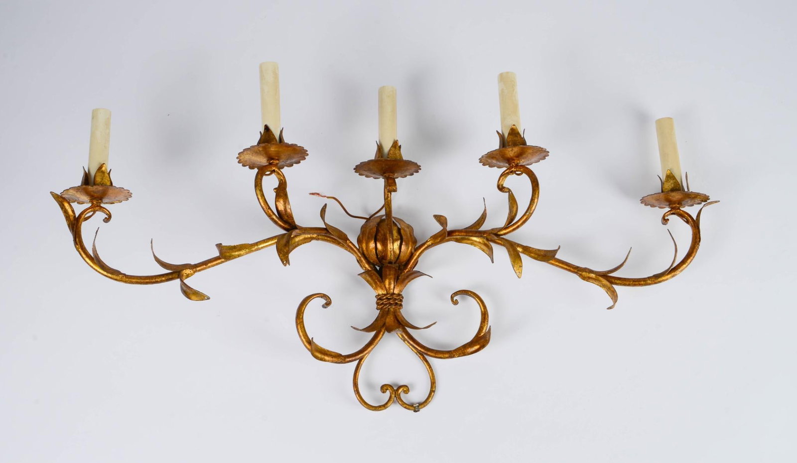 Gilt Wall Sconce.: Width 30 inches, height 14 inches. Fitted for electricity, not tested, all lighting fixtures are sold strictly as is.