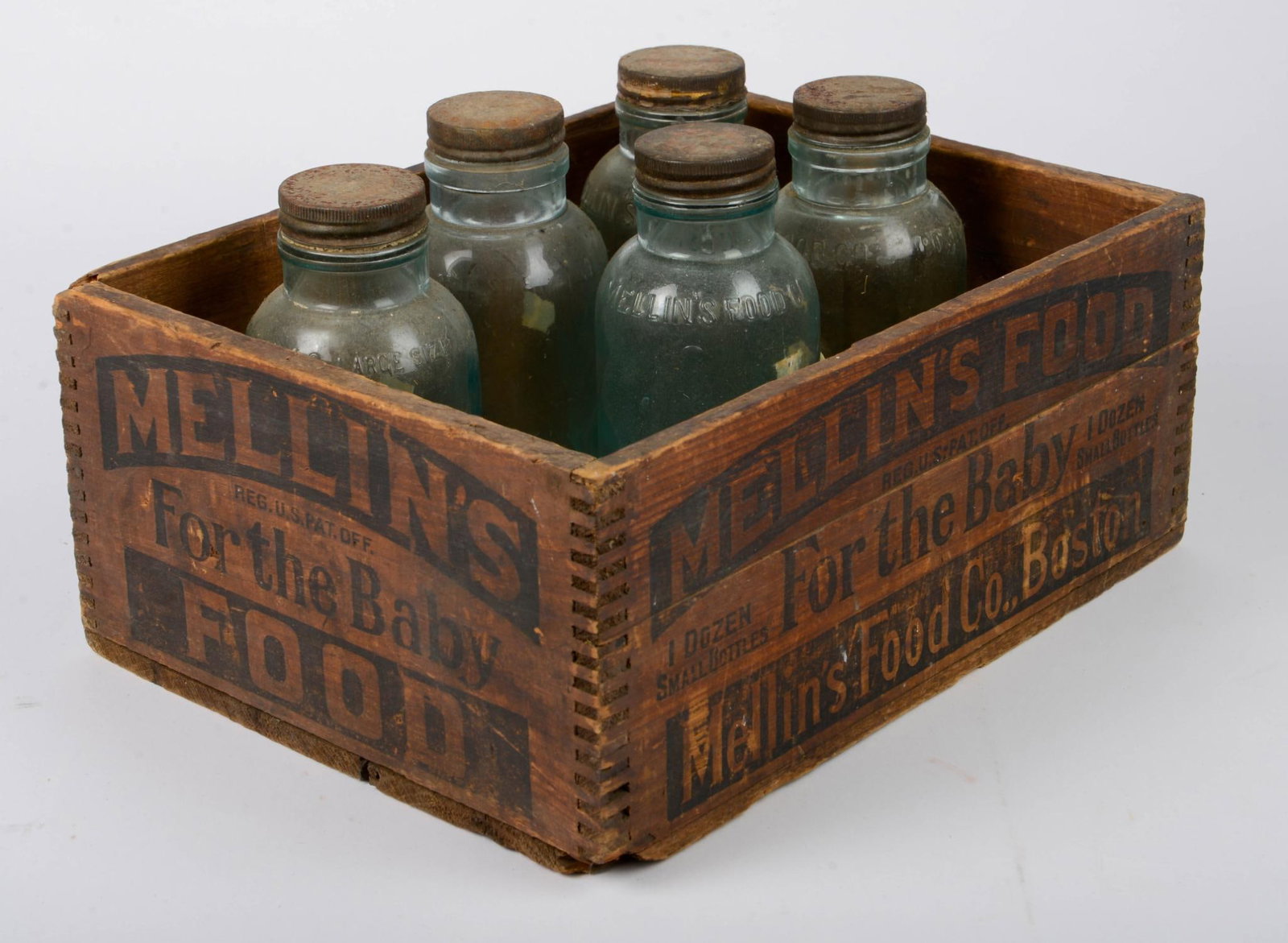 Mellin's Food Bottles and Wooden Crate: 5 bottles