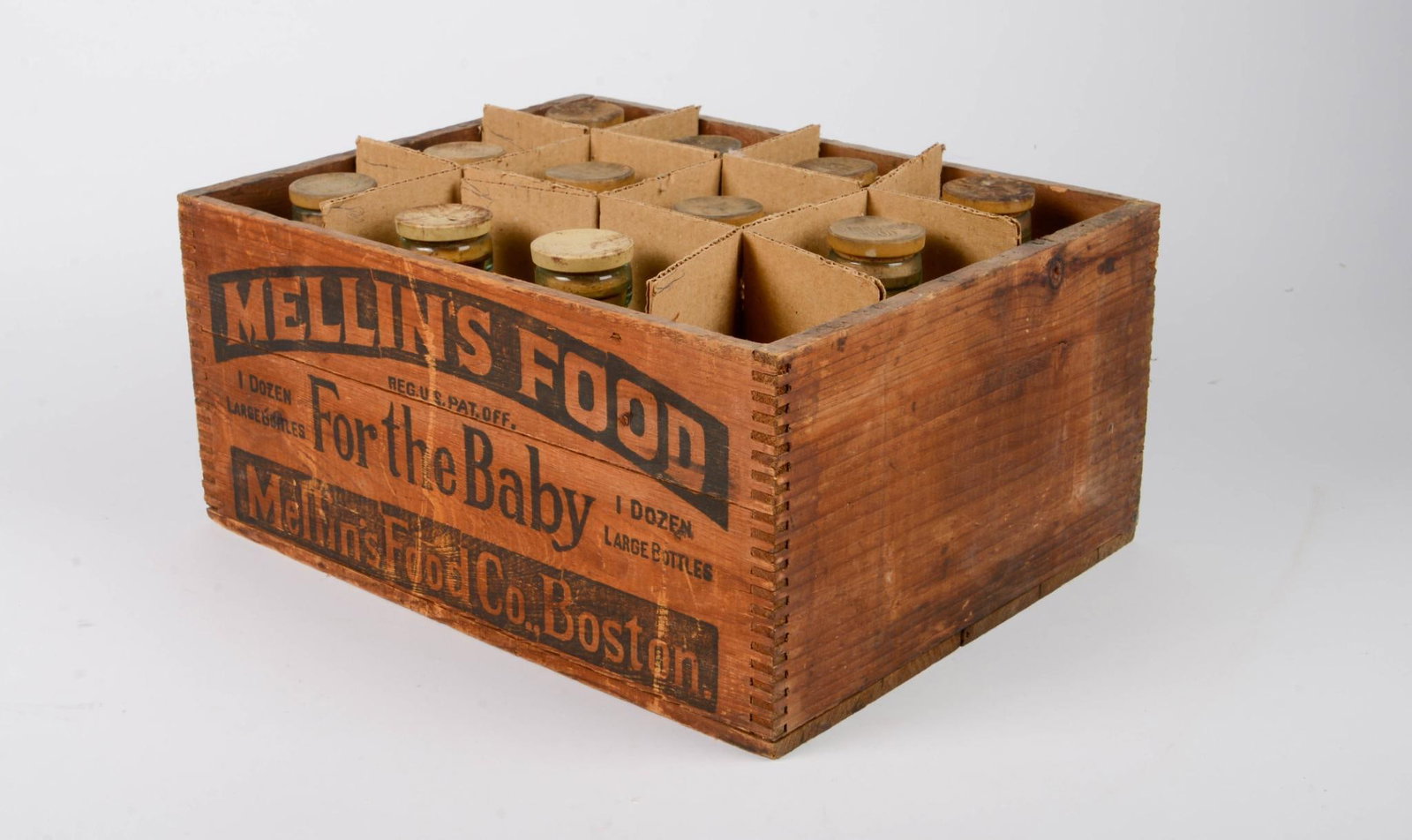 Mellin's Food Bottles and Wooden Crate: 11 bottles.