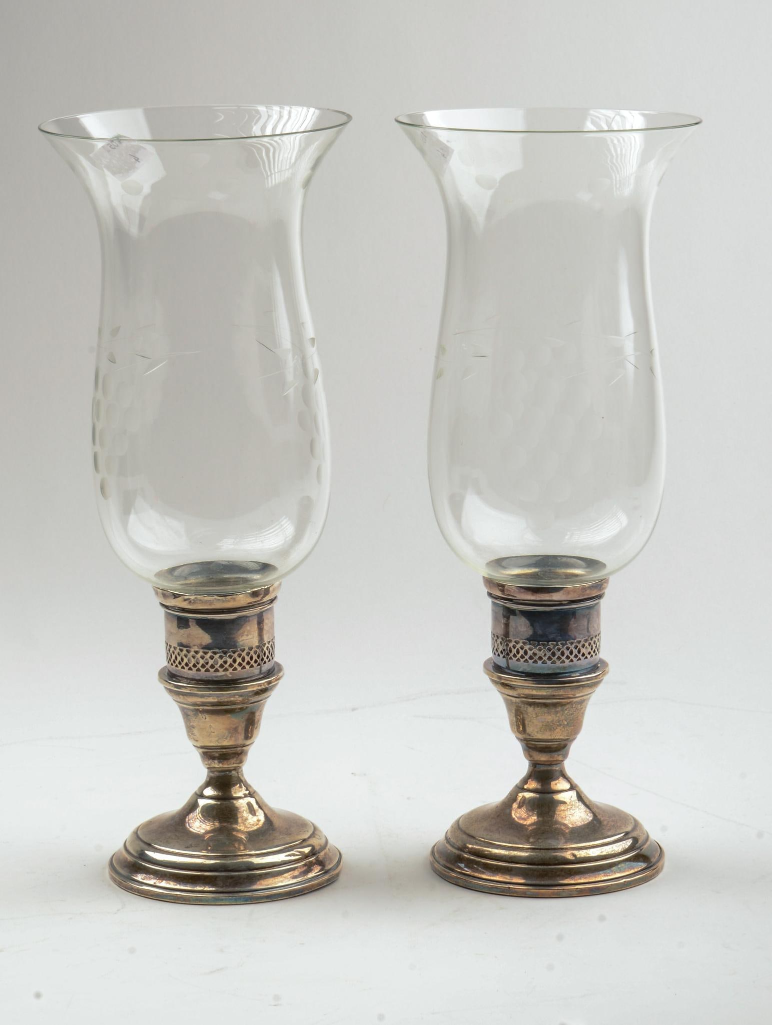 PAIR OF STERLING SILVER CANDLE HOLDERS WEIGHTED WITH ETCHED GLASS HURRICANE SHADES (1 of 4)