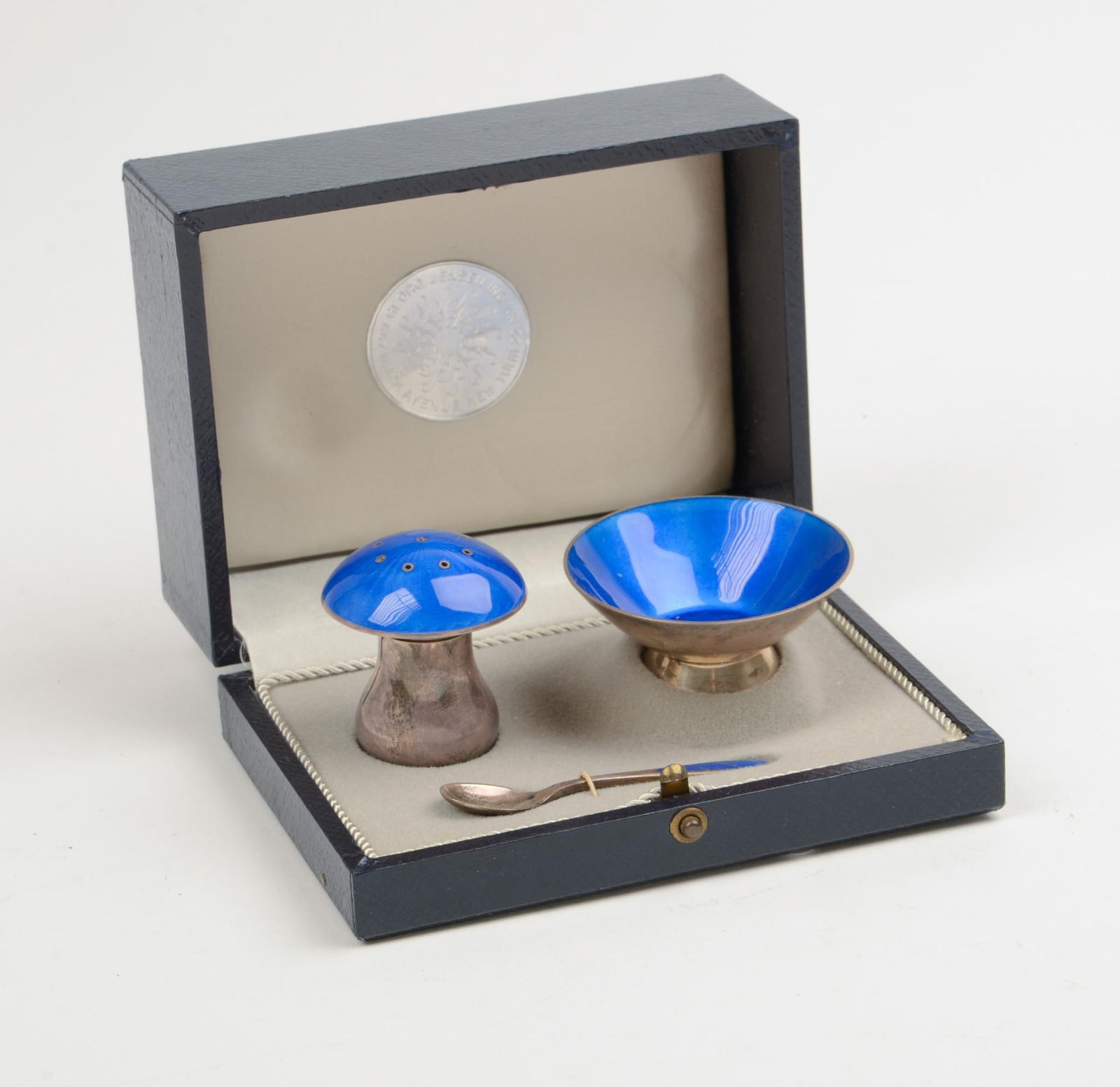 GEORG JENSEN STERLING SILVER AND GUILLOCHE ENAMEL SALT AND PEPPER SET (1 of 3)