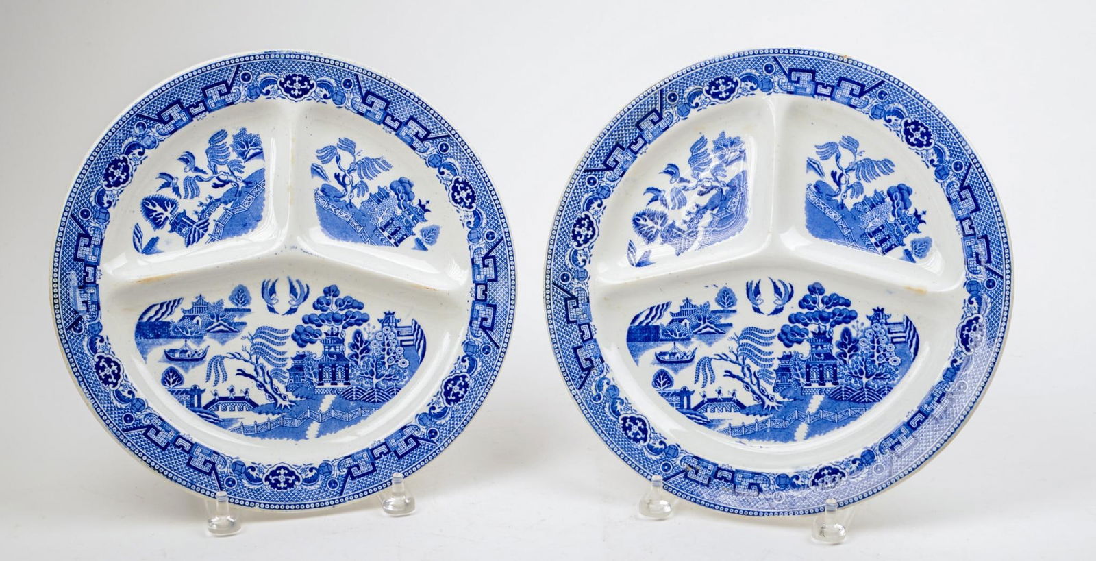 TWO BLUE WILLOW DIVIDED PLATES. (1 of 2)