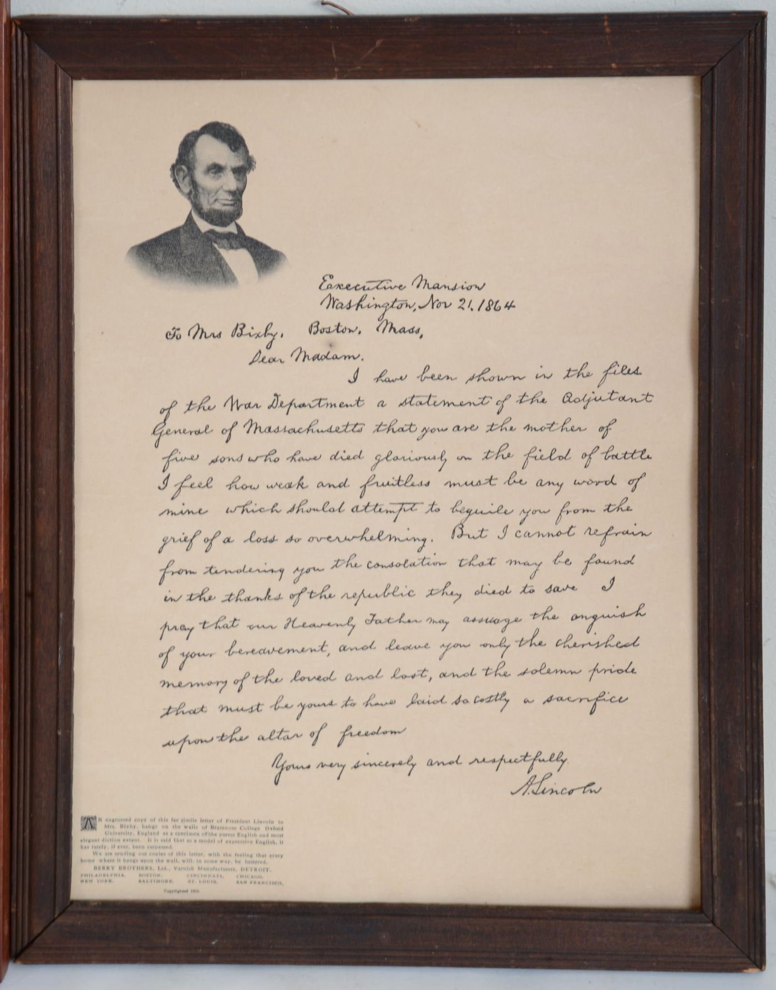 FRAMED LITHOGRAPH PUBLISHED BY CURRIER & IVES OF THE LINCOLN FAMILY (1 of 2)