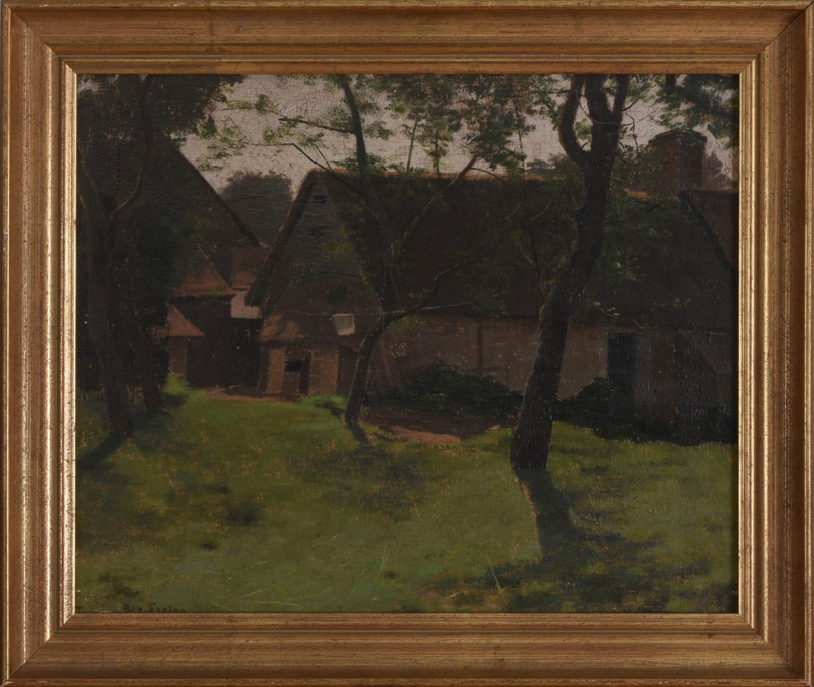 PASTORAL SCENE OF A HOUSE BY AMERICAN PAINTER BEN FOSTER: Oil on canvas in gilt frame, 18 inches by 21 inches