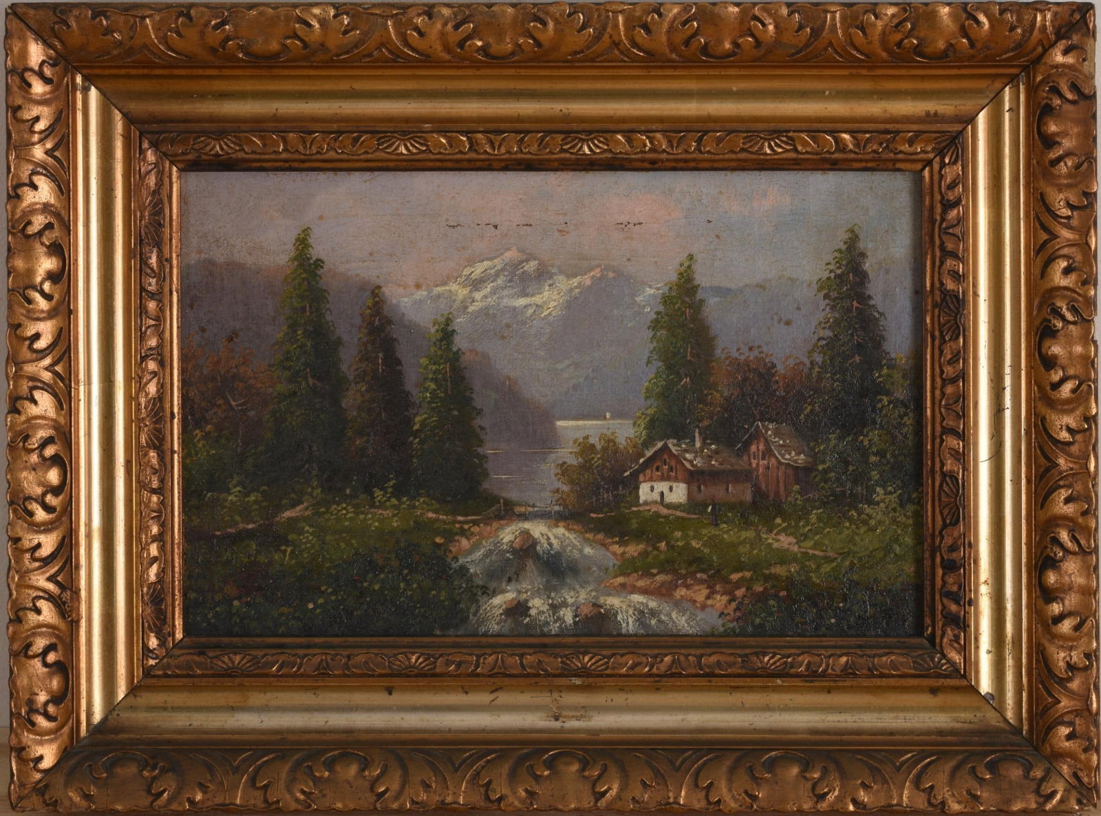 BAVARIAN LANDSCAPE OIL ON CANVAS: In gold frame 12.5 inches by 17 inches