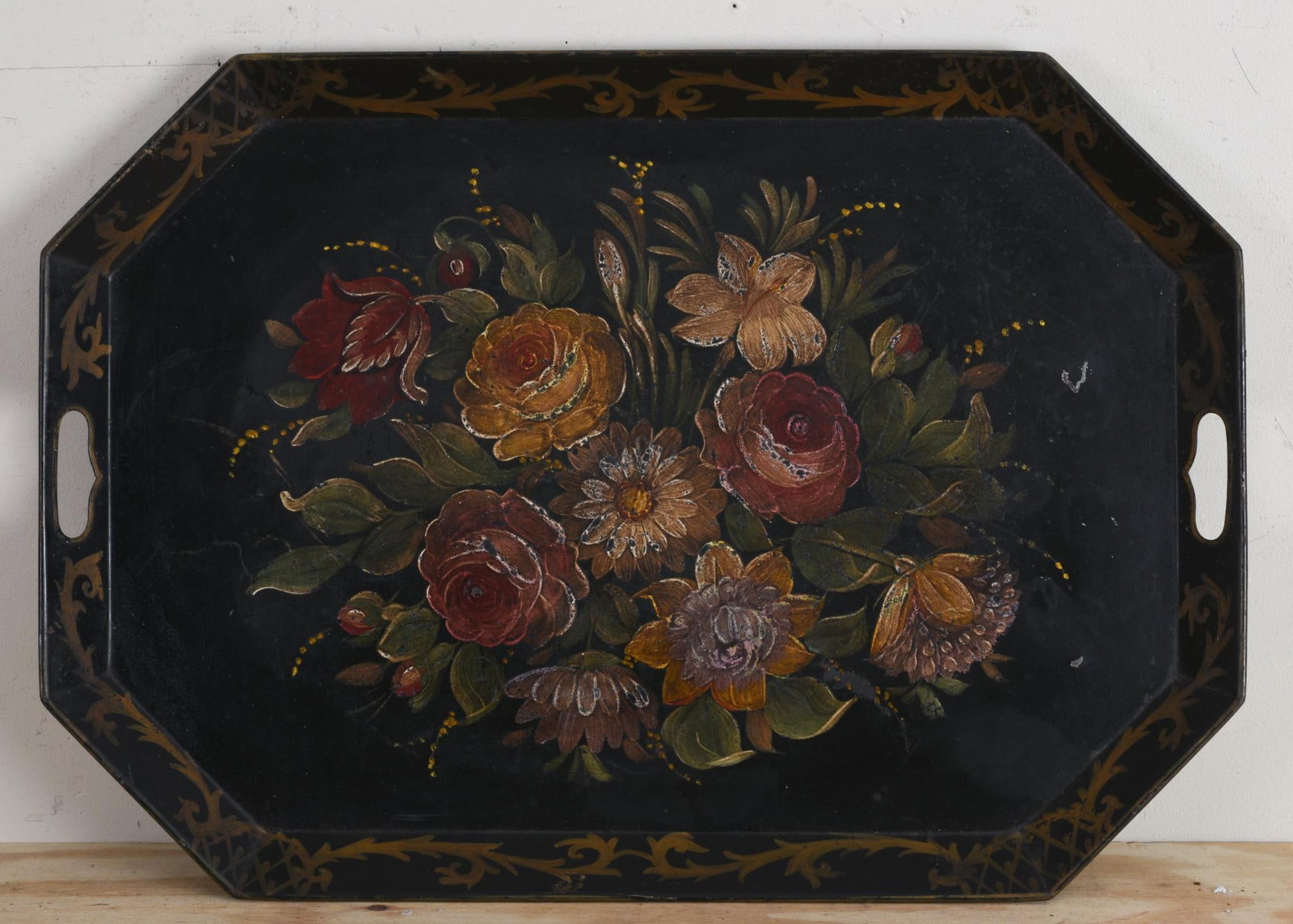 TOLE TRAY PAINTED WITH FLOWERS: Circe 1880, 26 inches by 18 inches