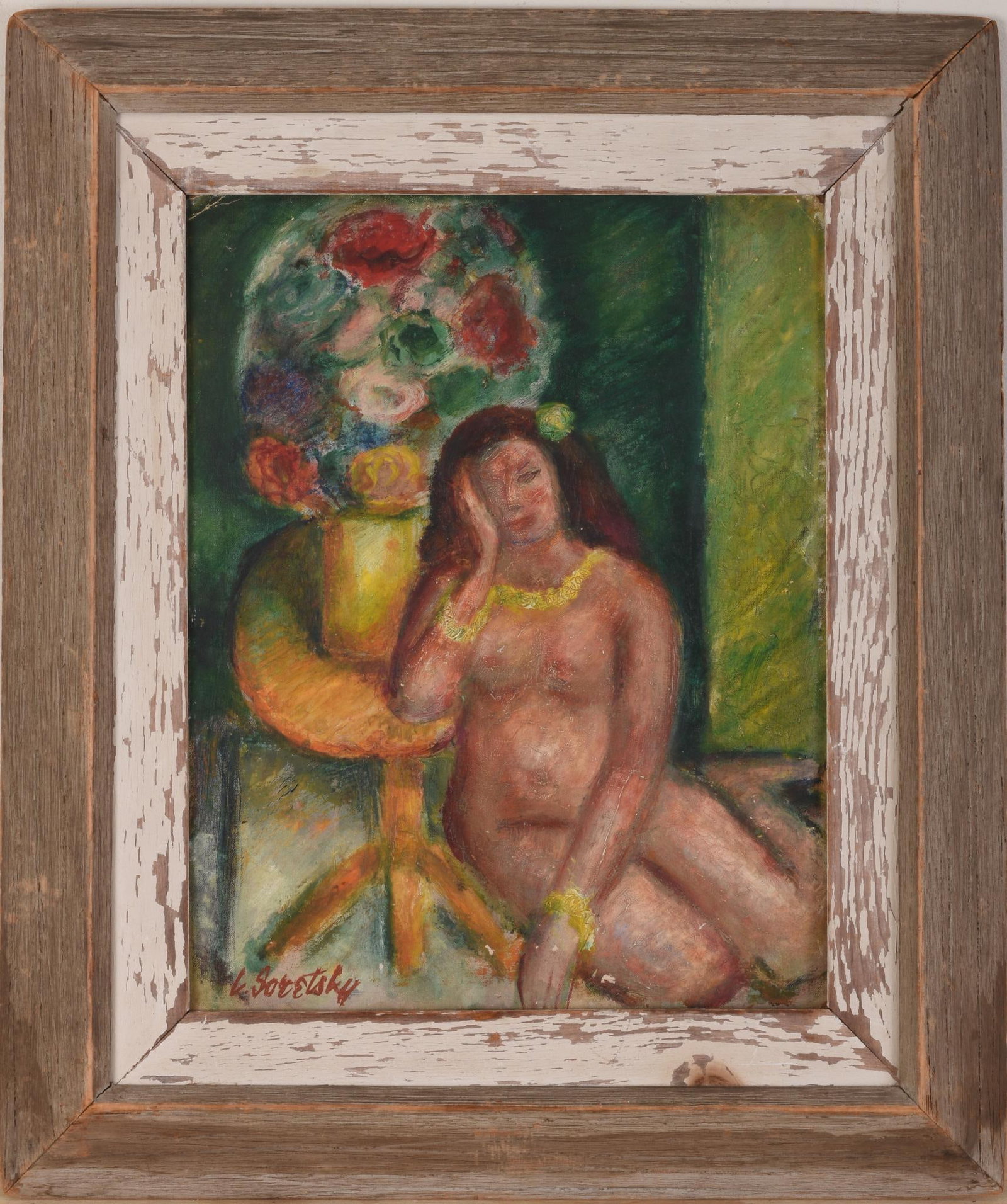 LEO SORETSKY. IMPRESSIONIST PORTRAIT OF A NUDE WOMAN.: Oil on board, 17.5 x 14 inches, signed lower left. Framed, 25 x 22 inches. Soretsky was an illustrator for New Yorker Magazine.