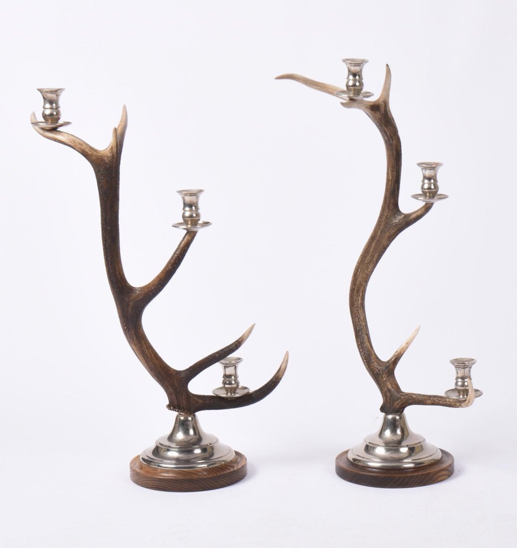 PAIR OF BERGDORF GOODMAN DEER HORN & SILVER PLATE CANDELABRA (1 of 4)